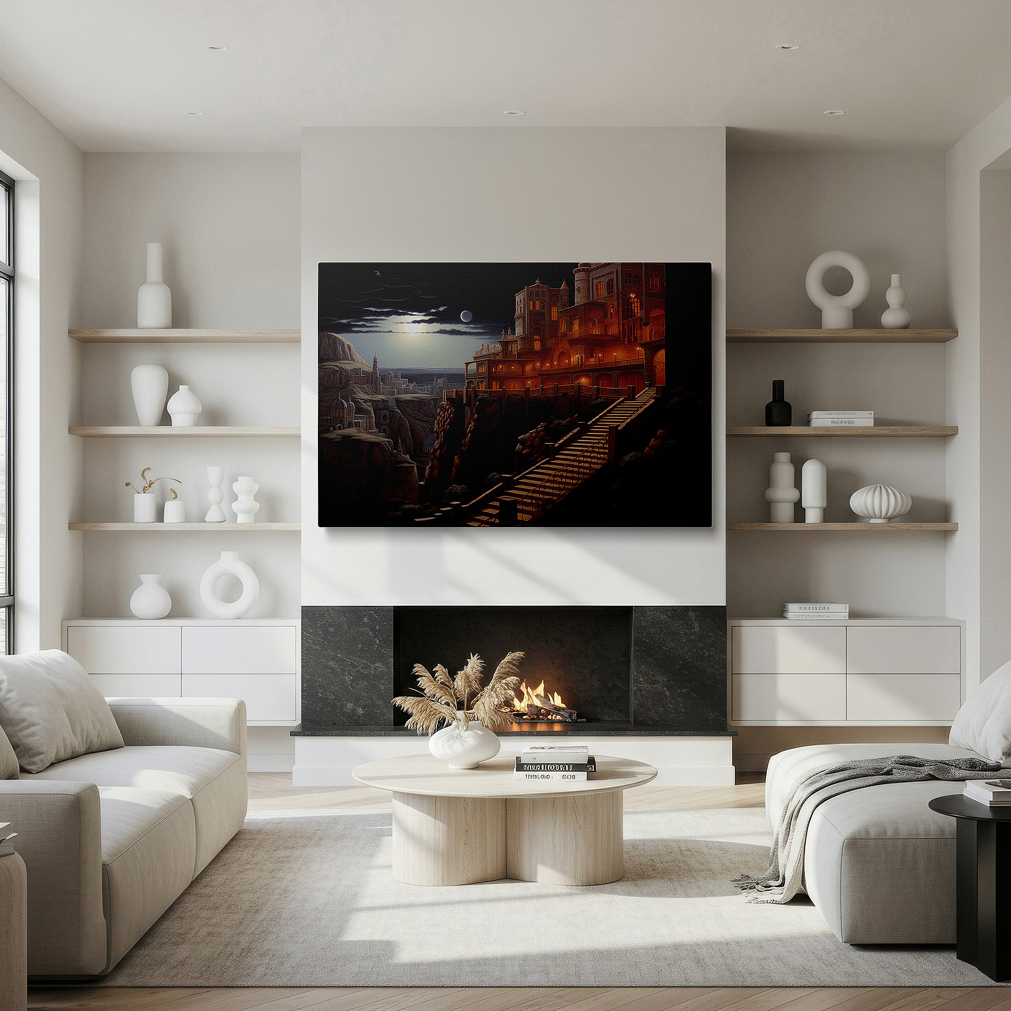 Presented on a clean white gallery wall with ample space — wall art: majestic mountain fortress under moonlit twilight - gateway to ancient realms, large canvas wall art decor for office