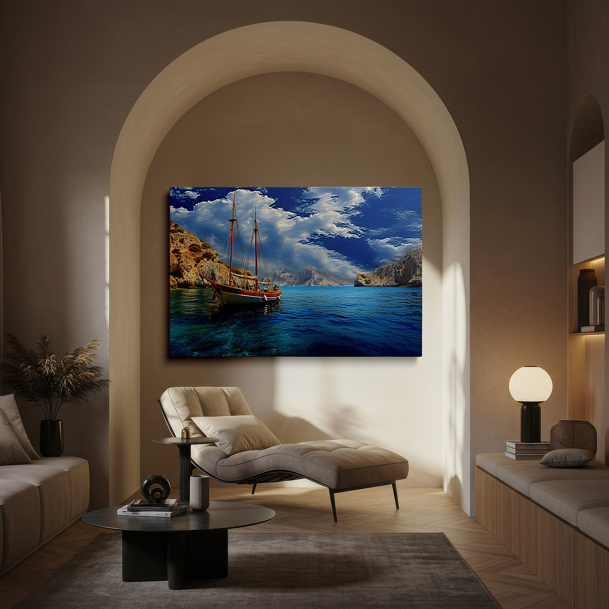 Presented on a clean white gallery wall with ample space — wall art: majestic sailing vessel and towering cliffs - a journey of resilience and discovery. large canvas wall art for office decor.
