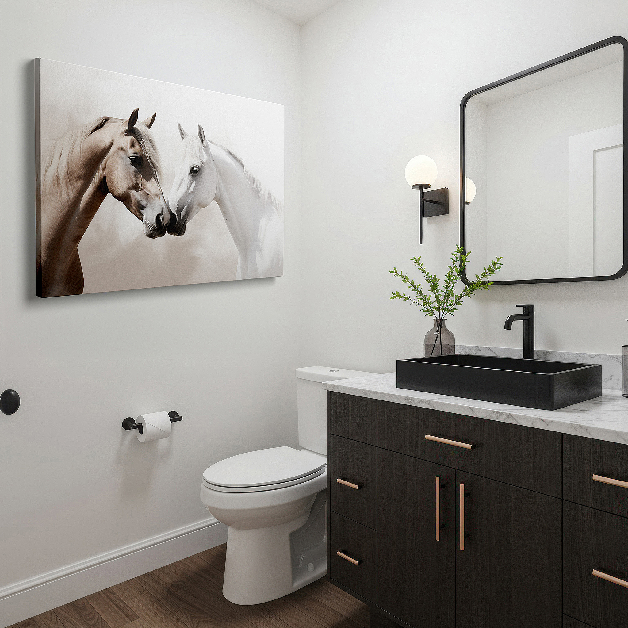 Presented on a clean white gallery wall with ample space — wall art: serene equine connection - tranquil imagery of two horses in a mystical landscape. large canvas wall art for home and office decor.