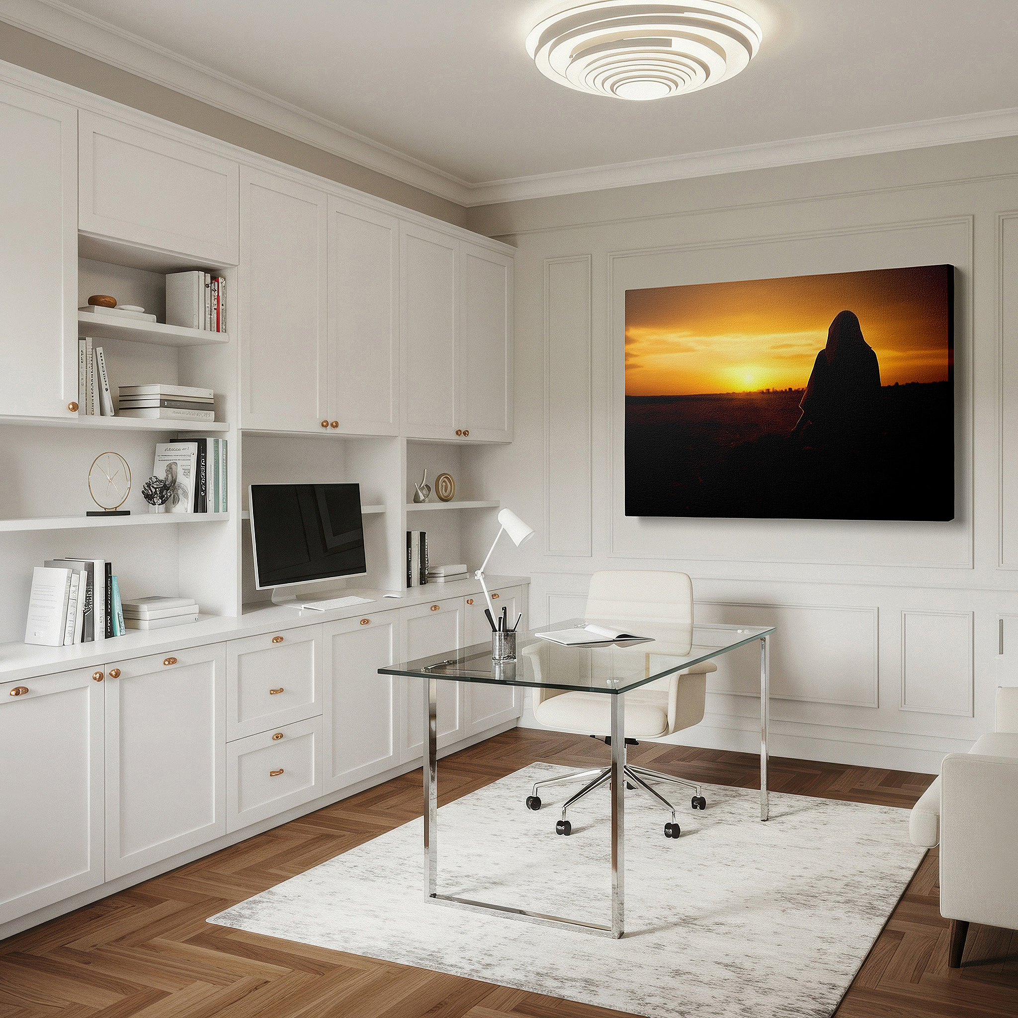Presented on a clean white gallery wall with ample space — wall art: "silhouette of serenity" - woman in hijab against sunset landscape, large canvas wall art for office and bedroom decor