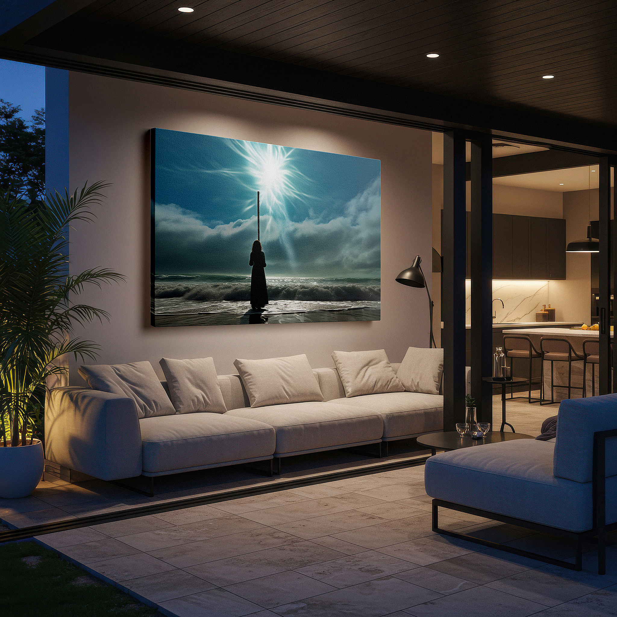 Presented on a clean white gallery wall with ample space — wall art: solitary figure with staff on beach - emblem of guidance and spiritual strength. ideal for living room, office, or bedroom decor. available in large canvas formats.