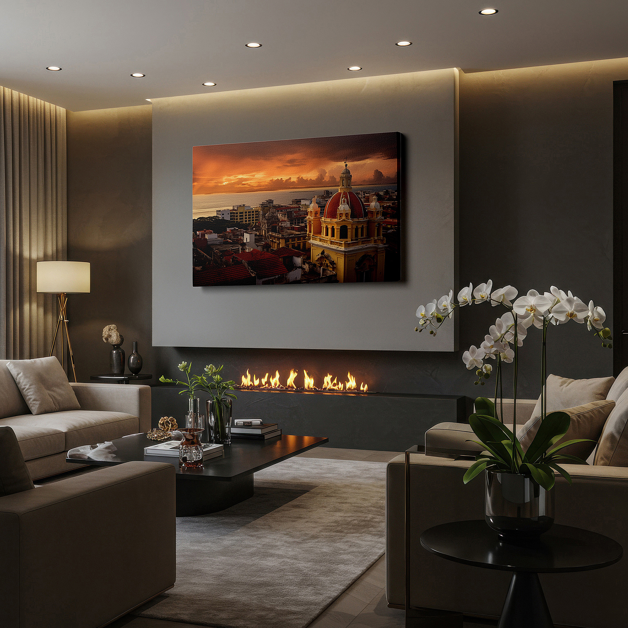 Presented on a clean white gallery wall with ample space — wall art: sunset over historic cityscape - timeless beauty meets modern vibrancy. large canvas wall art for office and bedroom decor.