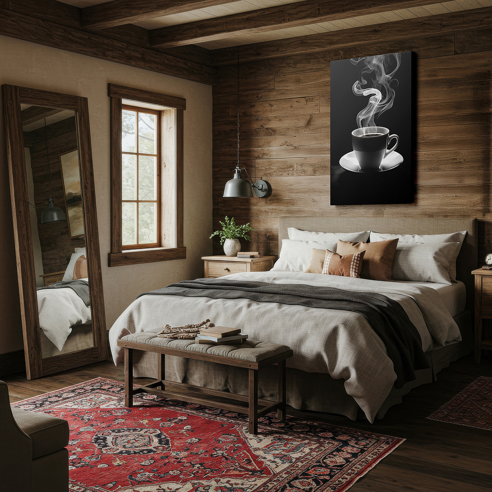 Presented on a clean white gallery wall with ample space — wall art: "a tranquil morning" featuring a steaming cup of coffee, embodying warmth and simplicity. ideal for large spaces, canvas decor, and office environments.