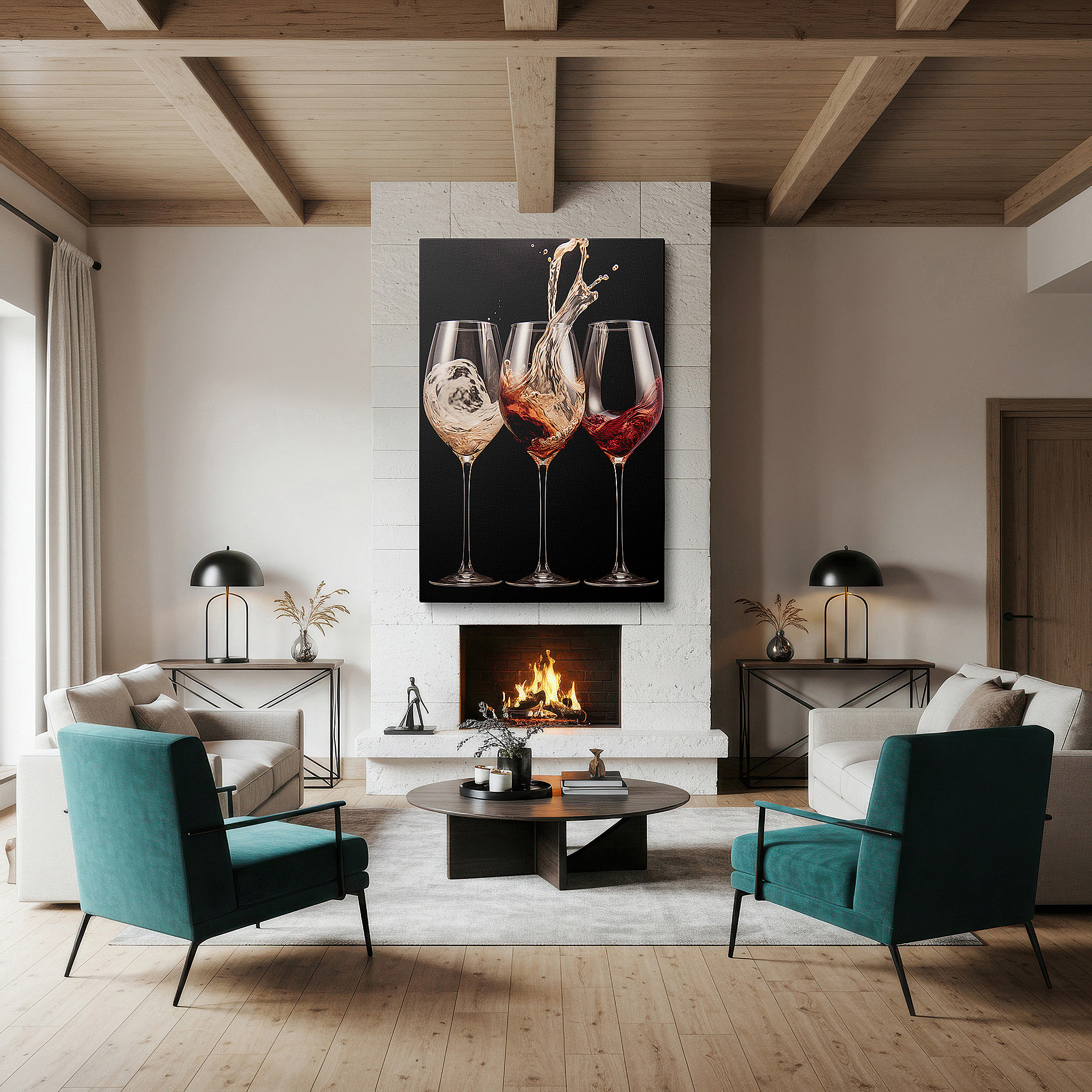 Presented on a clean white gallery wall with ample space — wall decor: elegant dance of wine on a stark black background - large canvas art perfect for home or office