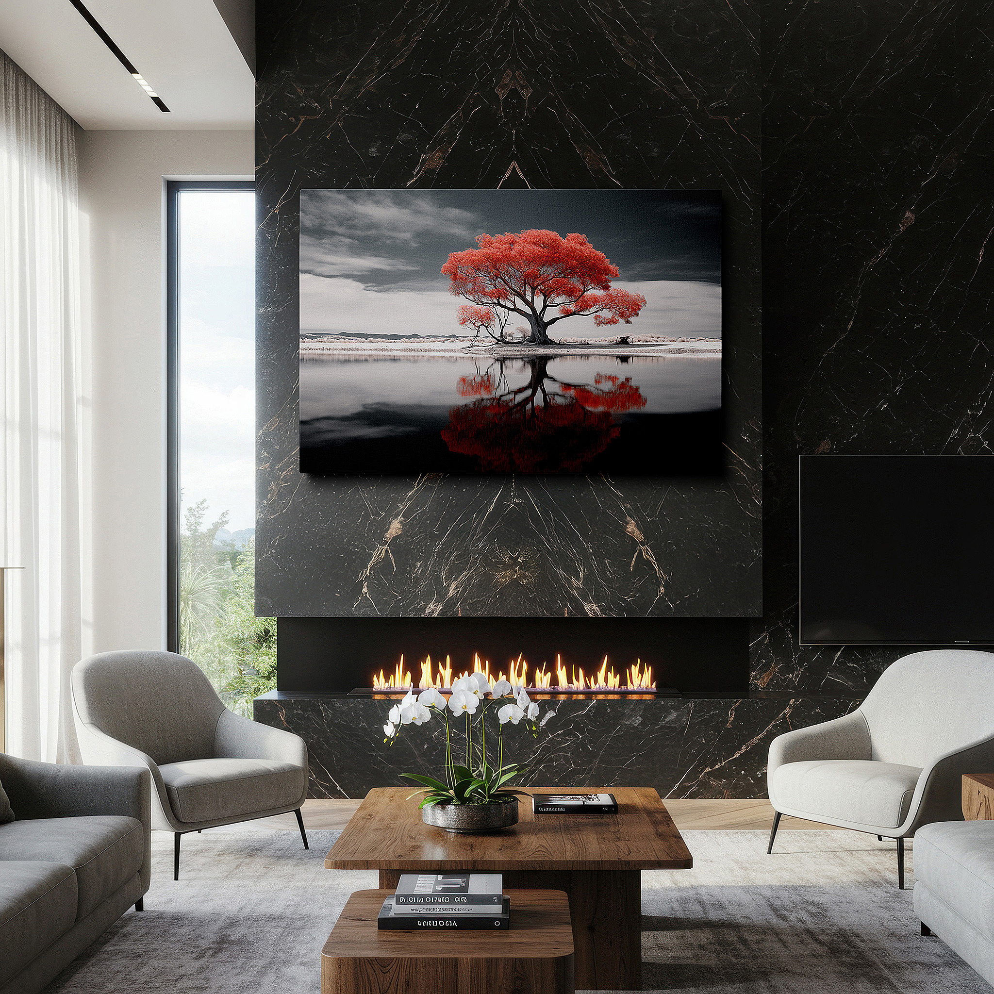 Presented on a clean white gallery wall with ample space — wall decor: fiery red tree against calm waters - striking natural contrast of energy and tranquility, large canvas wall art for home and office decor