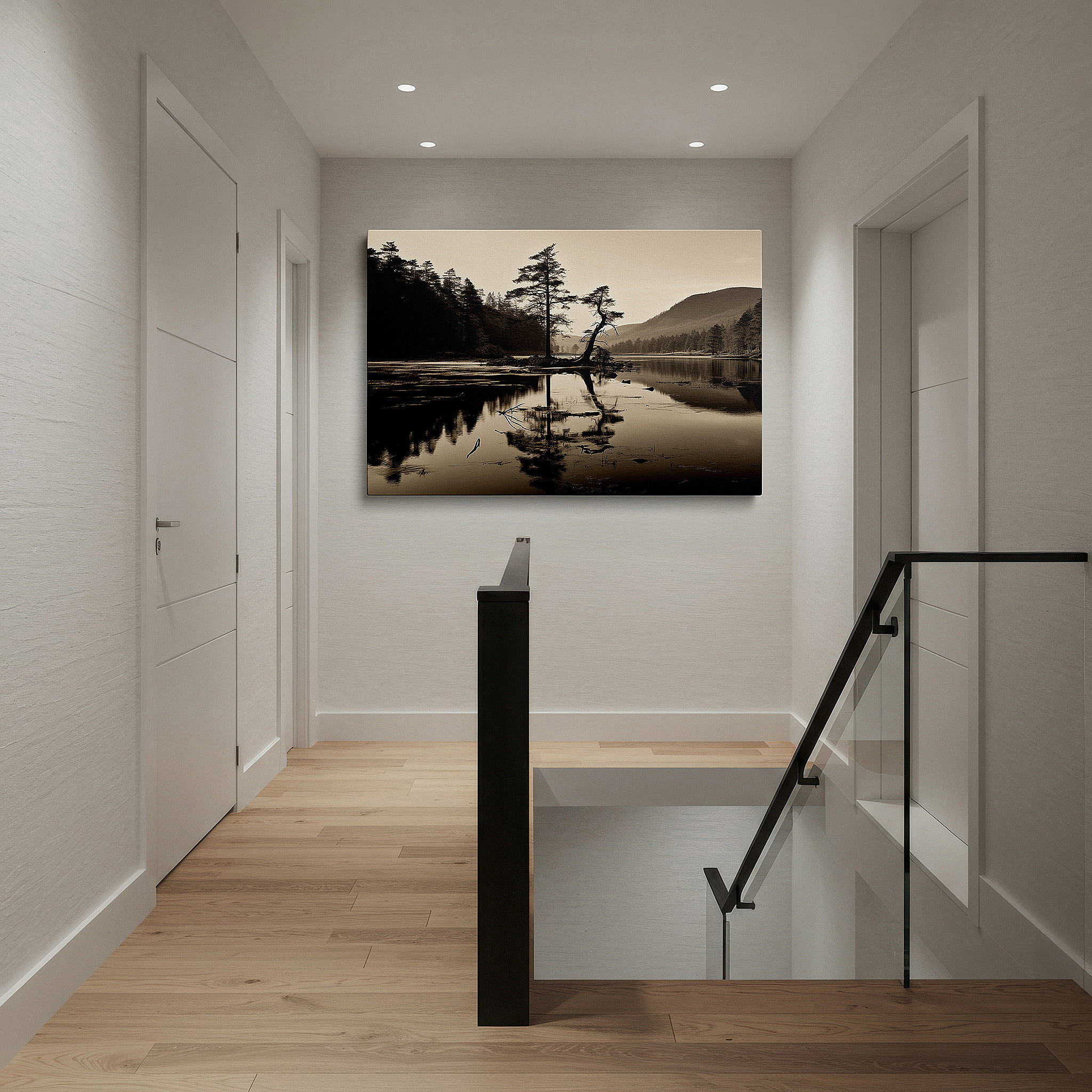 Presented on a clean white gallery wall with ample space — wall decor: peaceful riverbank and solitary tree in monochrome - reflecting nature's quietude, large canvas art for home and office decor
