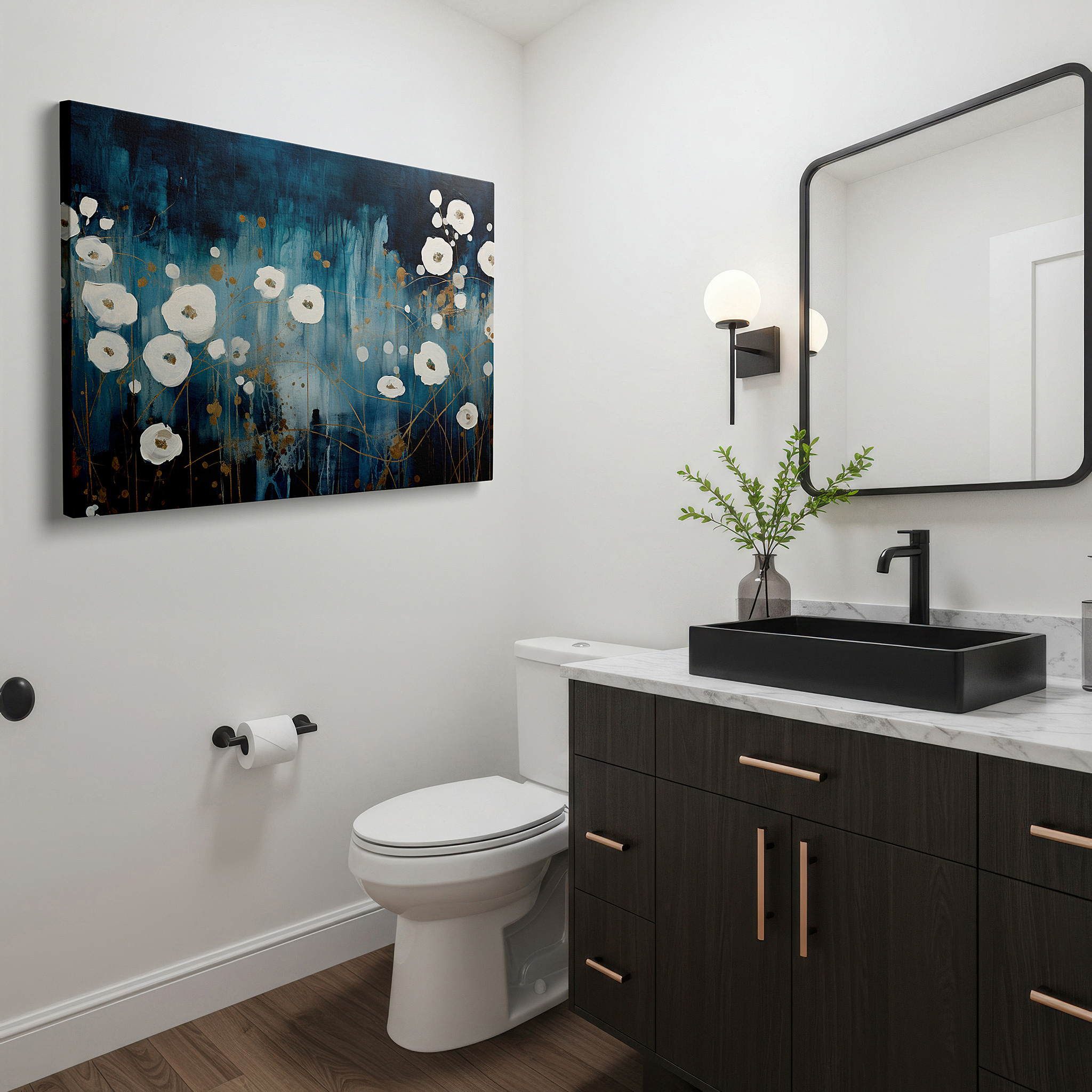 Presented on a clean white gallery wall with ample space — white flowers on deep blue background: abstract floral elegance and bold expression, large canvas wall art for office decor