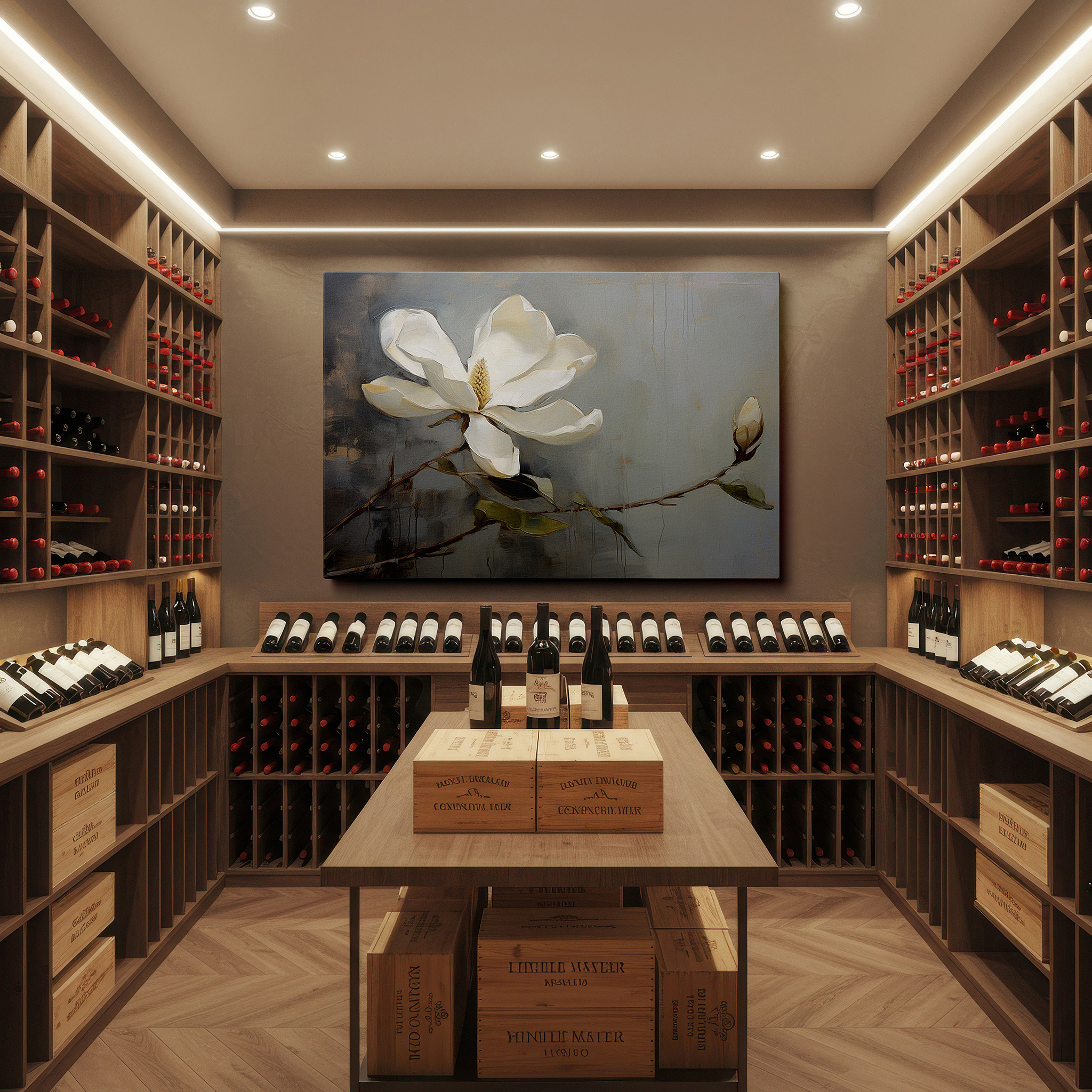 Presented on a clean white gallery wall with ample space — white magnolia in bloom: a masterful blend of light, shadow, and tranquil hues - large canvas wall art for office decor