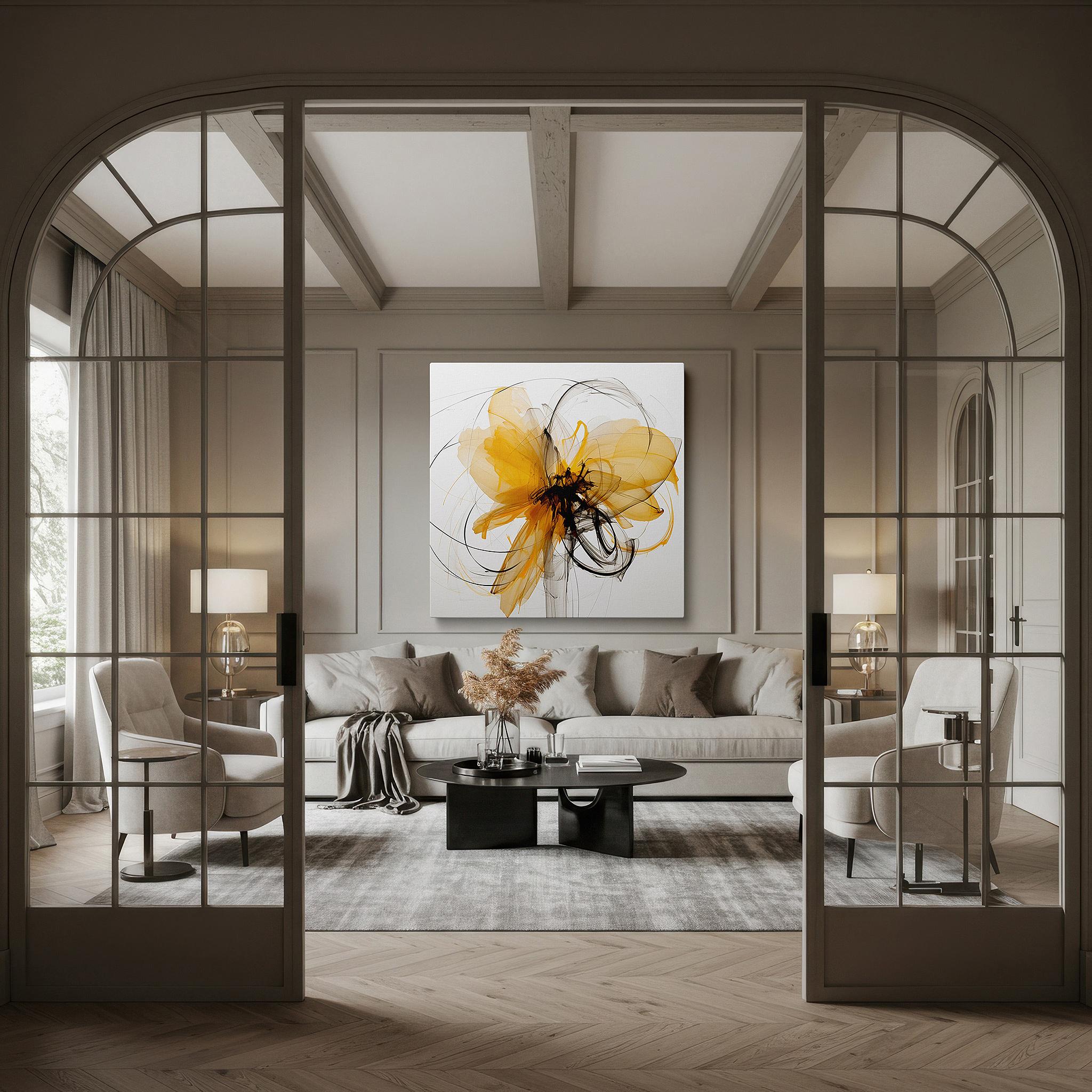 Presented on a clean white gallery wall with ample space — yellow and black passionate and creative large wall art, canvas decor for office, bedroom, and living spaces