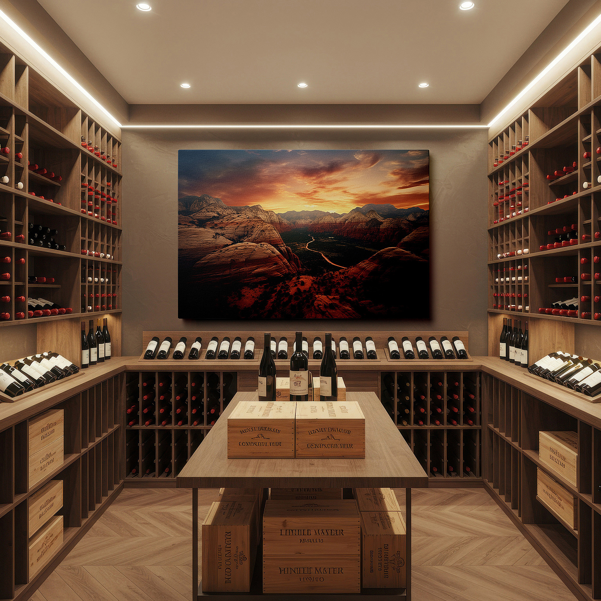 Presented on a clean white gallery wall with ample space — zion's sunset majesty: fiery hues and majestic cliffs - large canvas wall art for office and bedroom decor