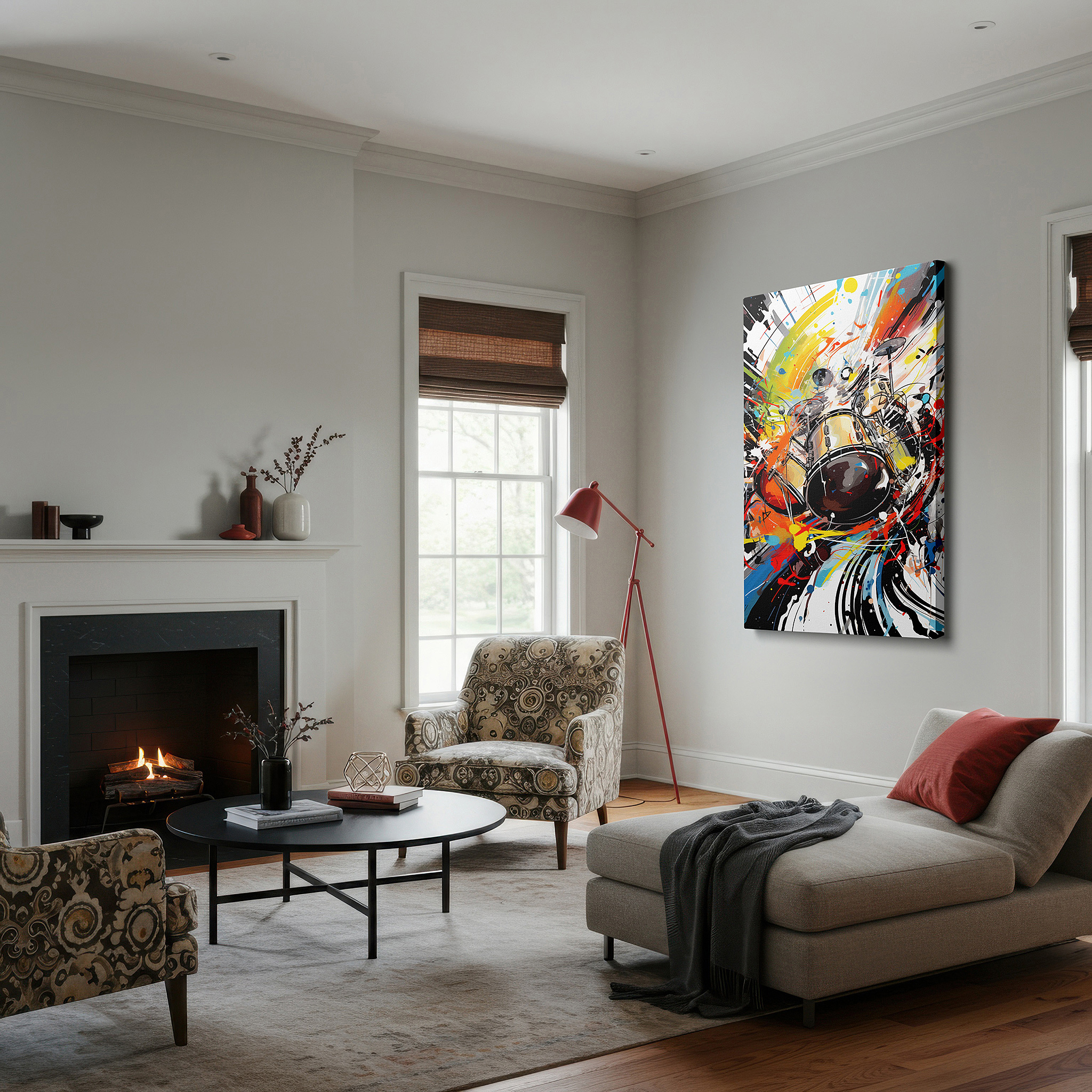 Set in a minimalist interior with textured walls and soft rugs — abstract drum set surrounded by vibrant swirls, embodying the spirit of live music, large canvas wall art for home and office decor