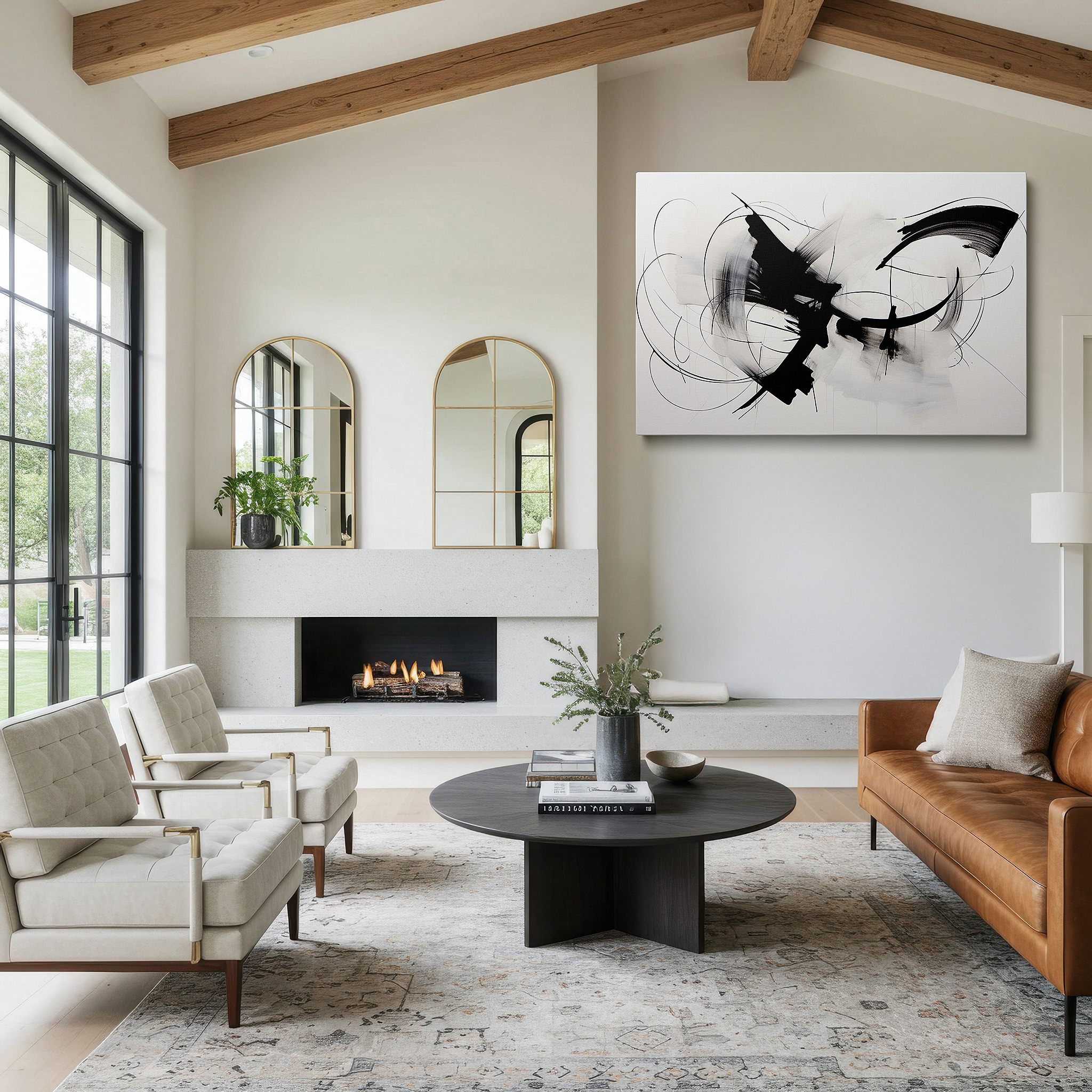 Set in a minimalist interior with textured walls and soft rugs — abstract expressionism masterpiece in black and white dynamic brushstrokes, large canvas wall art for office and bedroom decor