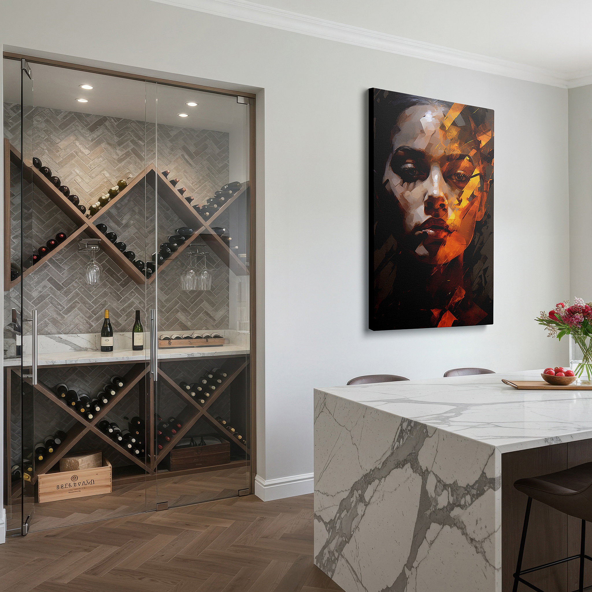 Set in a minimalist interior with textured walls and soft rugs — abstract fiery spirit - a bold display of passion and resilience, large canvas wall art for home and office decor