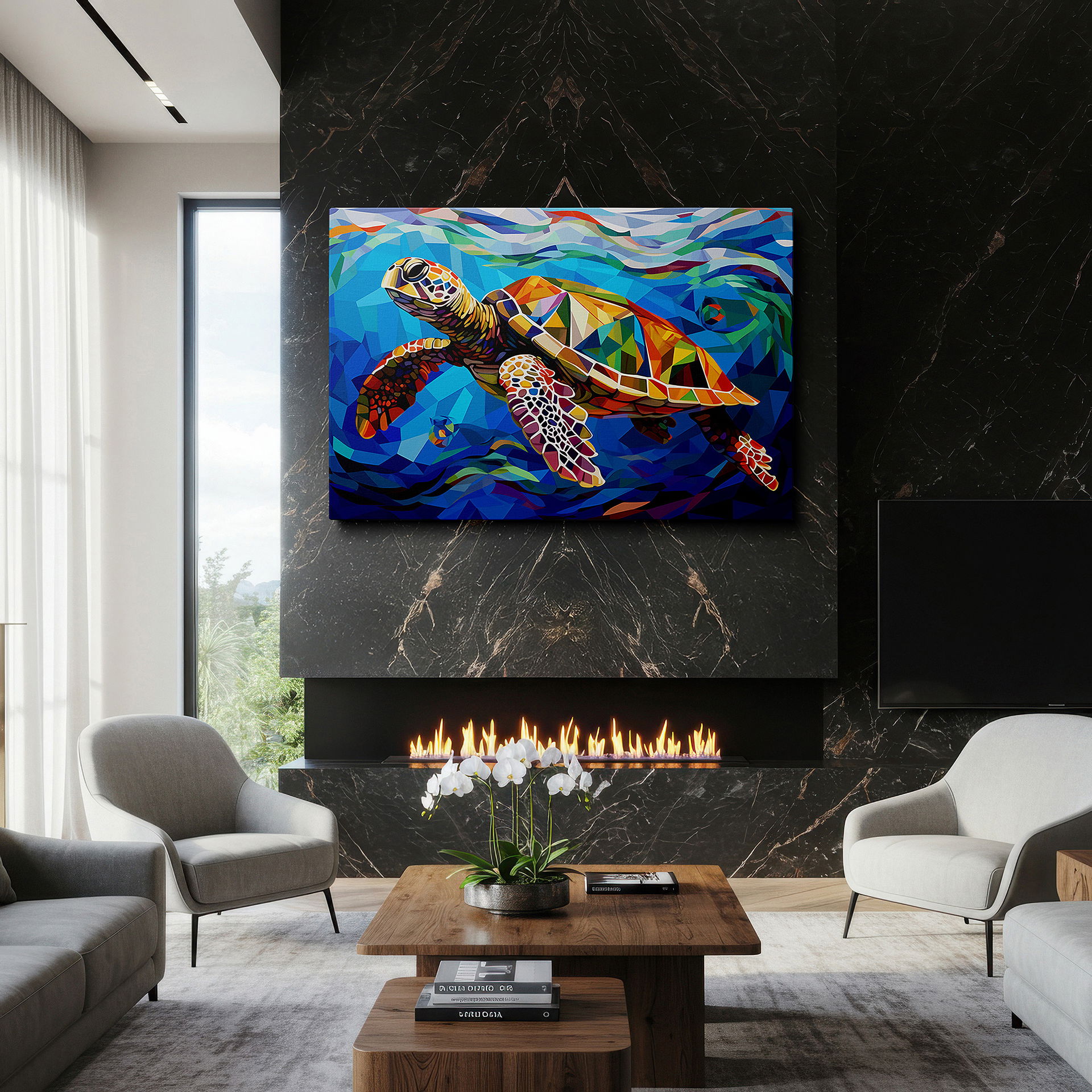 Set in a minimalist interior with textured walls and soft rugs — abstract sea turtle odyssey in ocean depths: a colorful homage to marine life and conservation - large canvas wall art for office decor