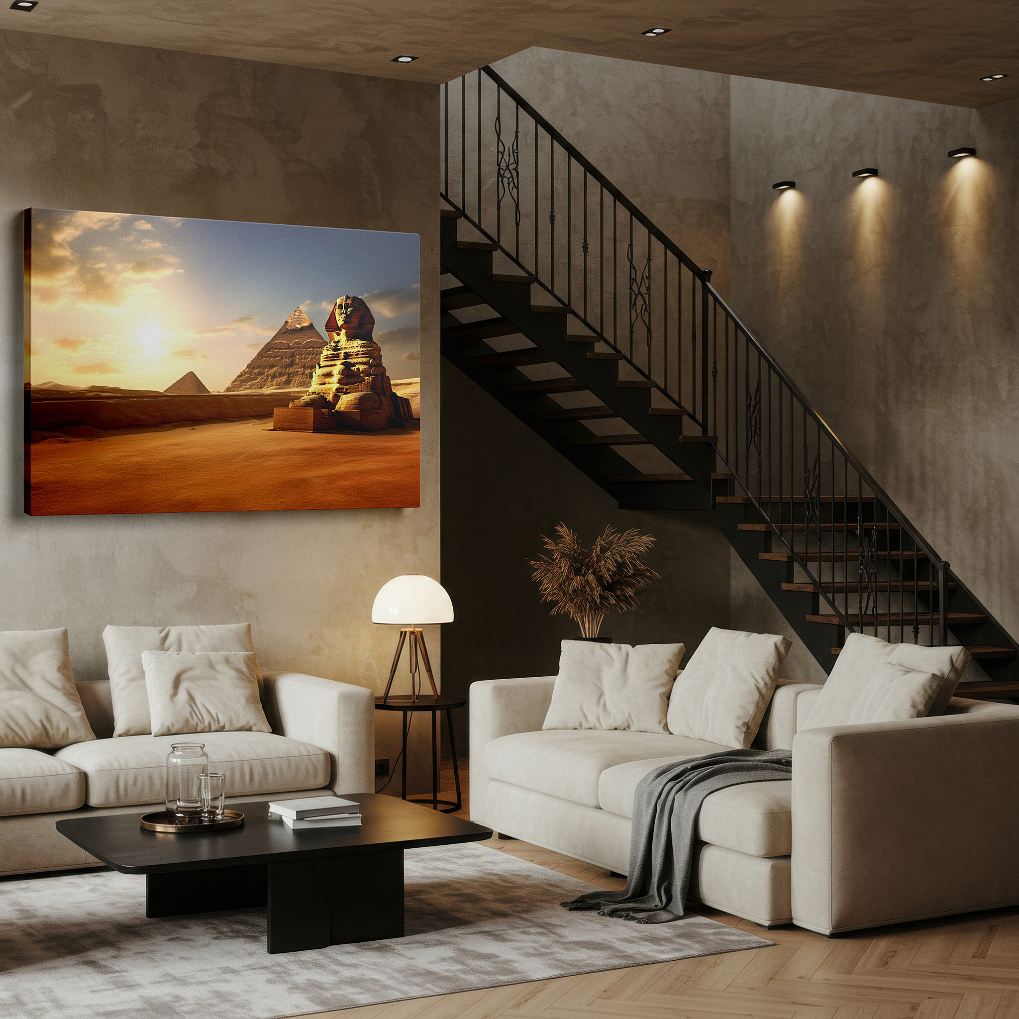 Set in a minimalist interior with textured walls and soft rugs — ancient egypt gateway featuring the majestic sphinx and pyramids large canvas wall art for office and bedroom decor