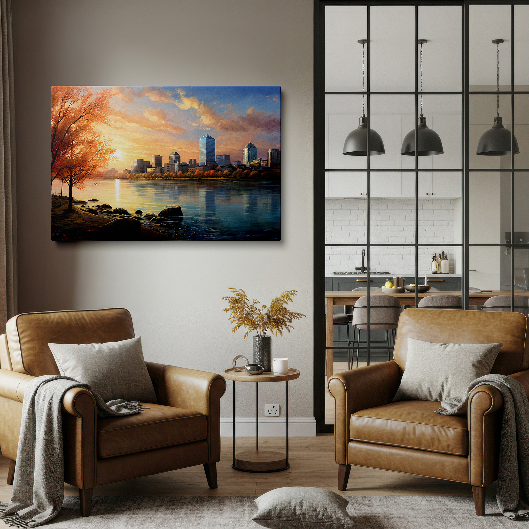 Set in a minimalist interior with textured walls and soft rugs — autumnal city skyline and golden sunset reflection large canvas wall art for office and bedroom decor
