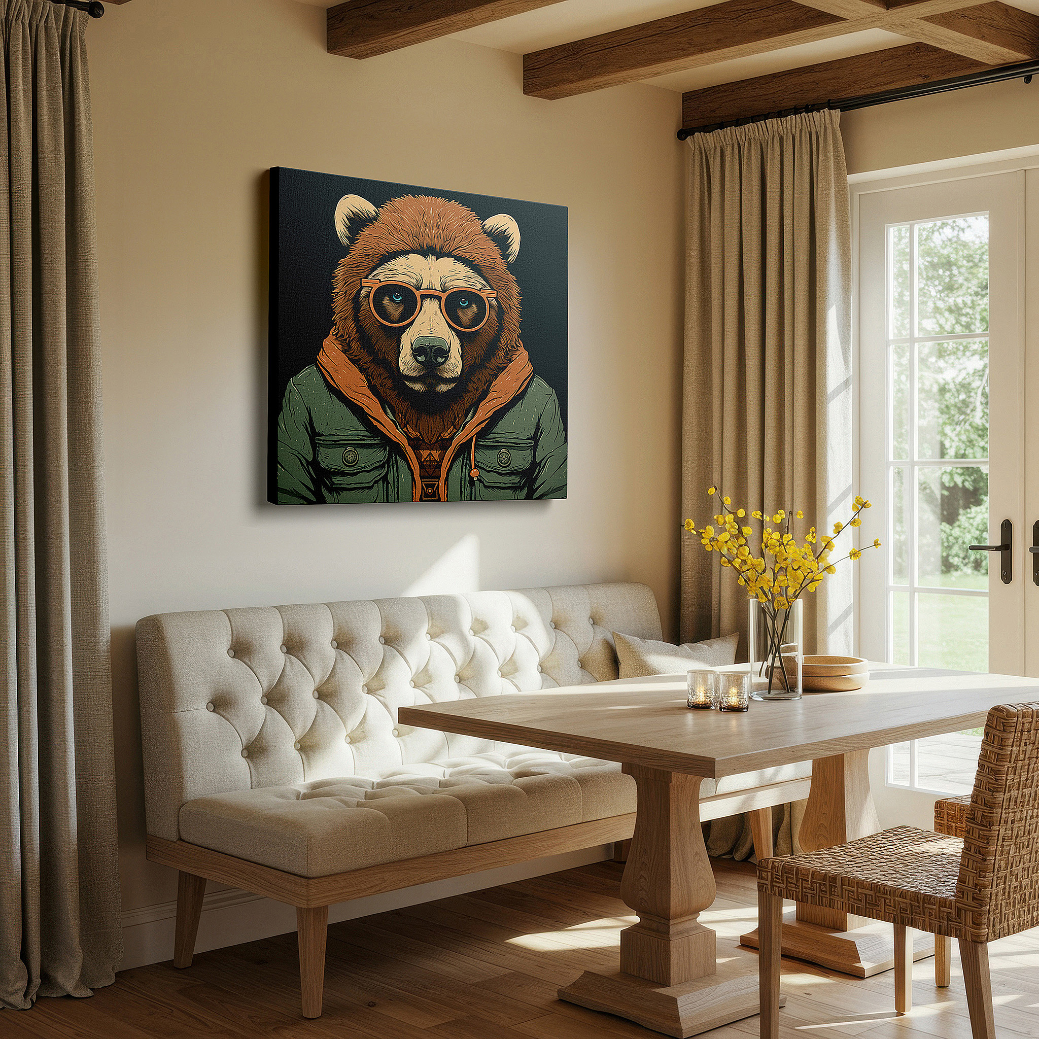 Set in a minimalist interior with textured walls and soft rugs — bear-themed wall art: blending wilderness with urban elegance - ideal for living rooms, bedrooms, and offices