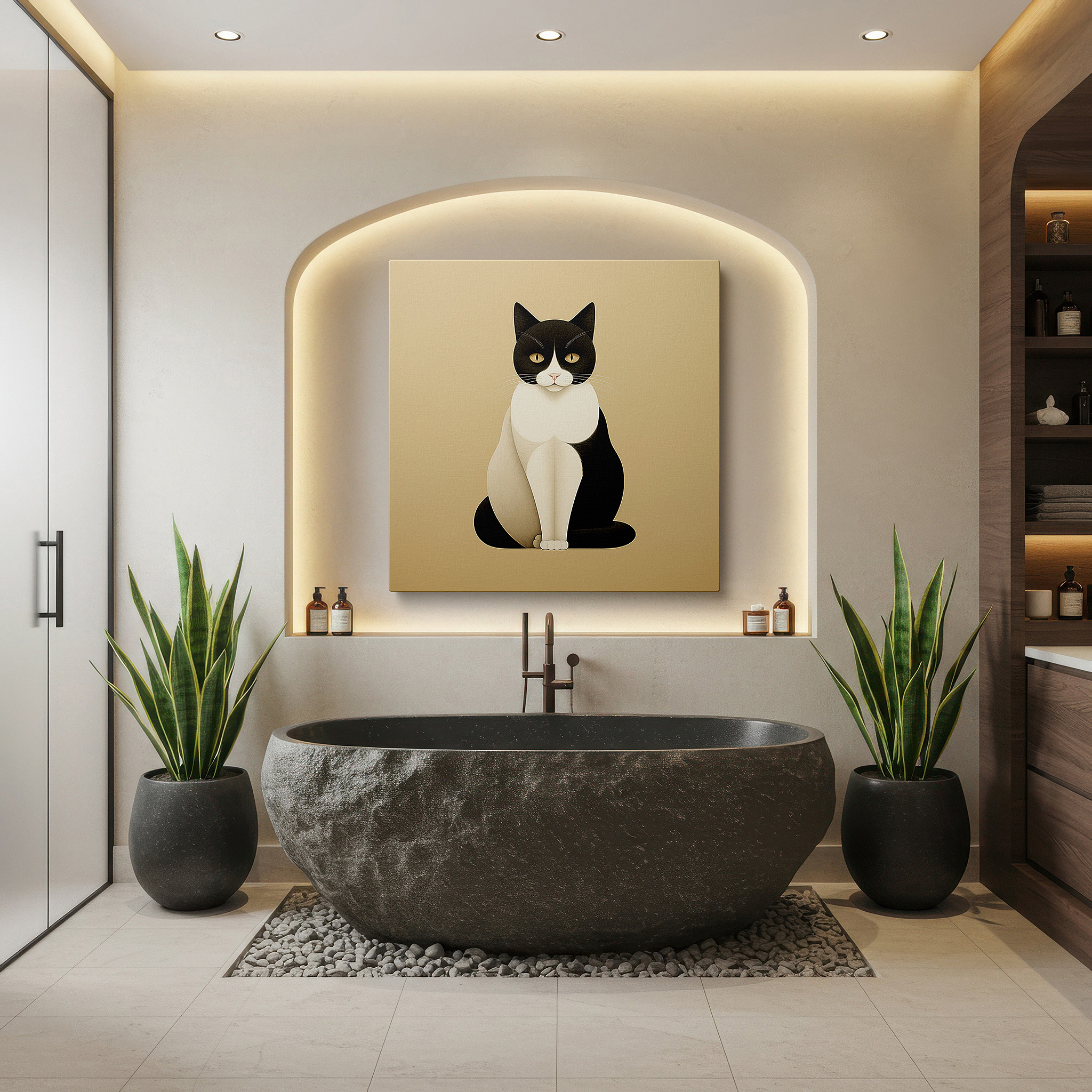 Set in a minimalist interior with textured walls and soft rugs — black and white elegance - graceful and sophisticated stylized cat large wall art, canvas wall art, wall decor for office and bedroom