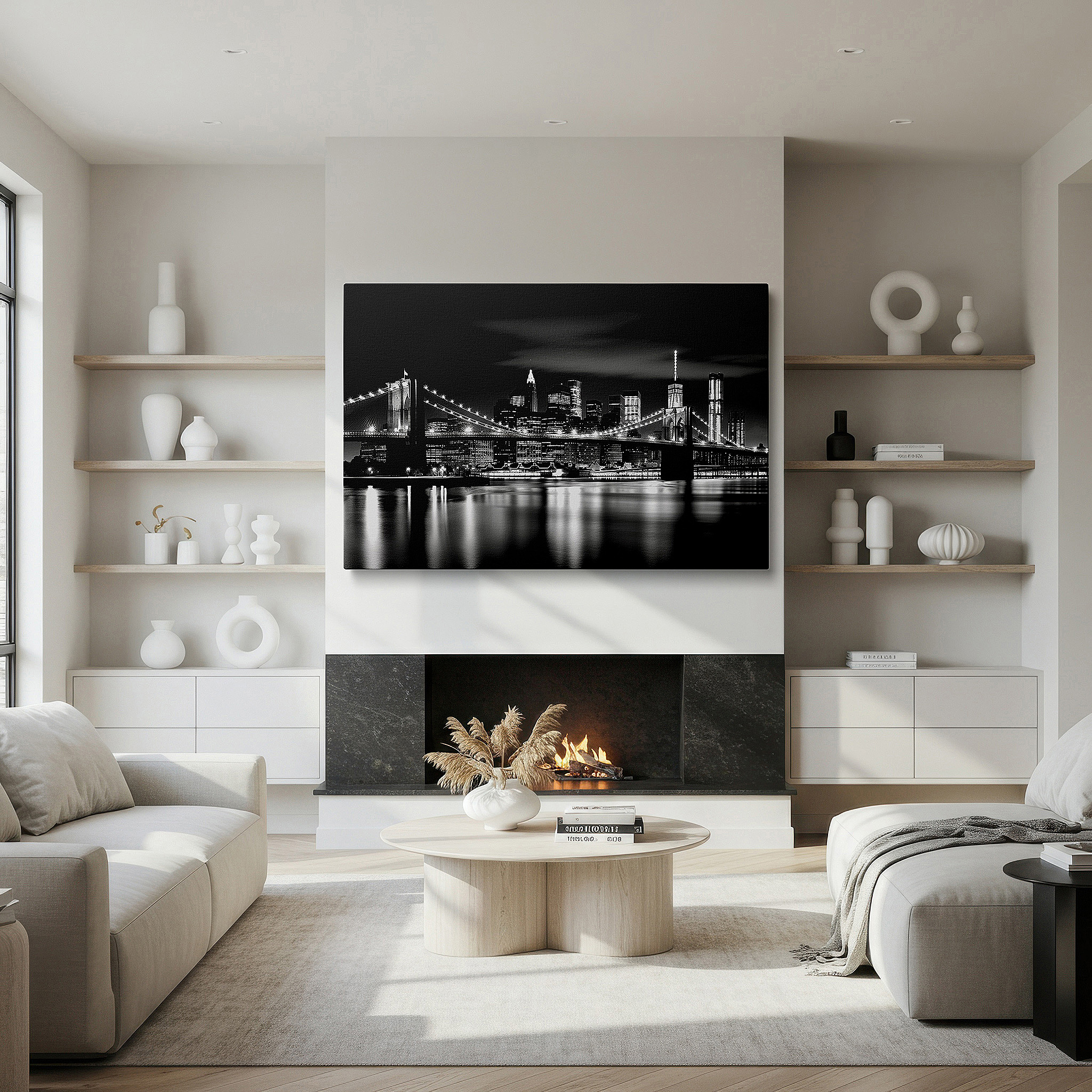 Set in a minimalist interior with textured walls and soft rugs — brooklyn bridge at night: elegant black and white large canvas wall art for office, bedroom, and living room decor
