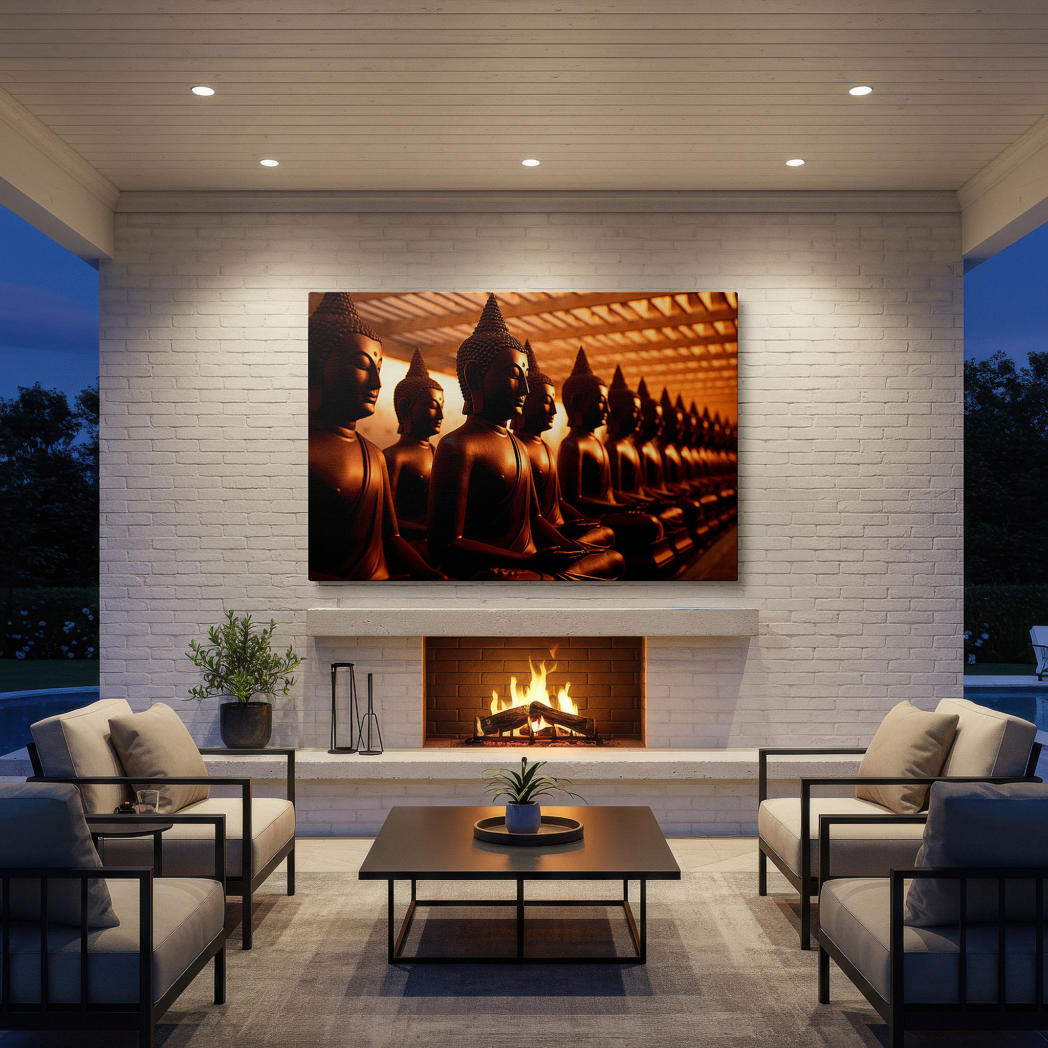 Set in a minimalist interior with textured walls and soft rugs — buddha statues wall art: serene and wise, perfect for office or bedroom decor, large canvas prints