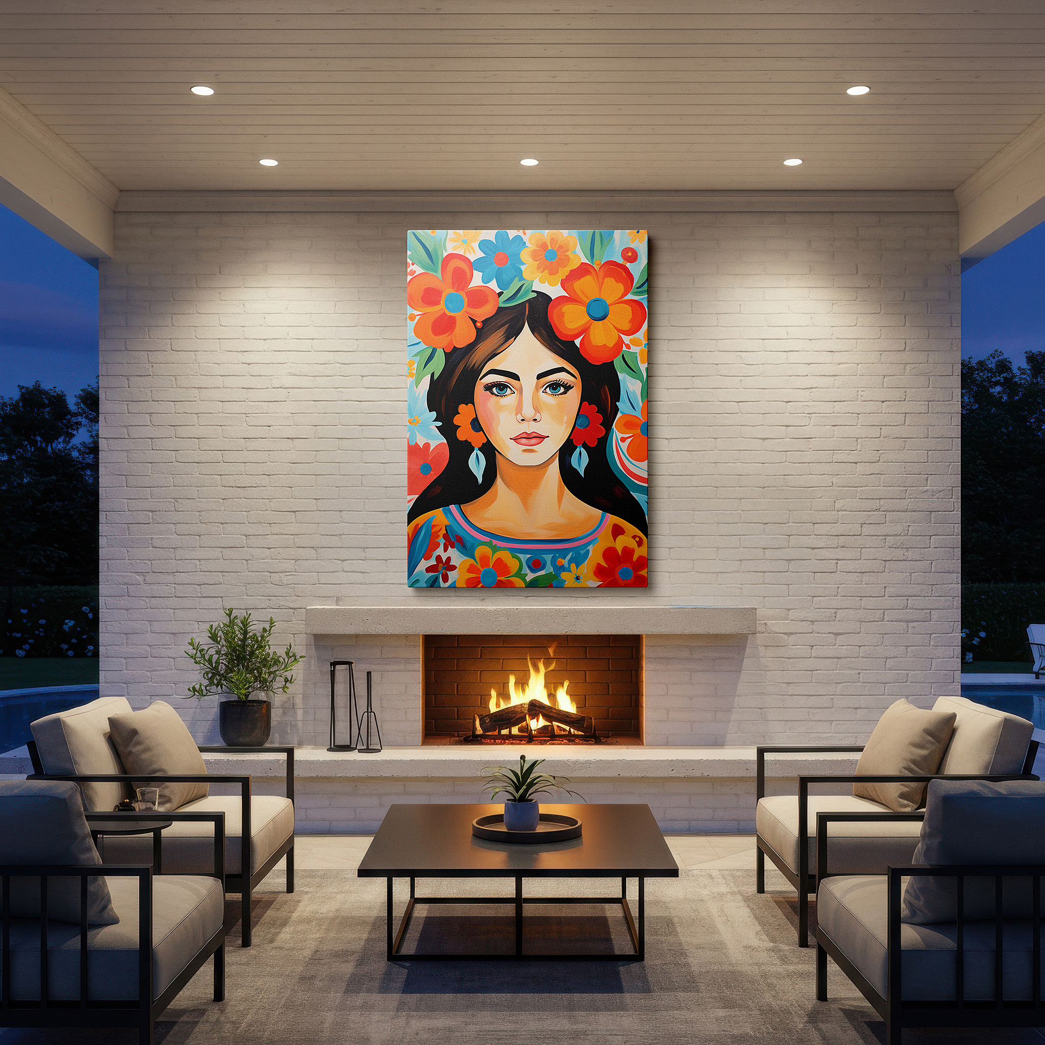 Set in a minimalist interior with textured walls and soft rugs — celebrating nature, femininity, and joy with a radiant smiling woman adorned with colorful flowers - large canvas wall art