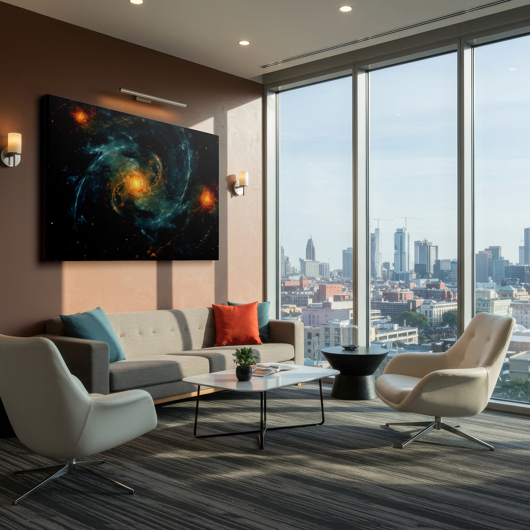 Set in a minimalist interior with textured walls and soft rugs — celestial masterpiece featuring galaxies and cosmic energy, large canvas wall art for office and bedroom decor