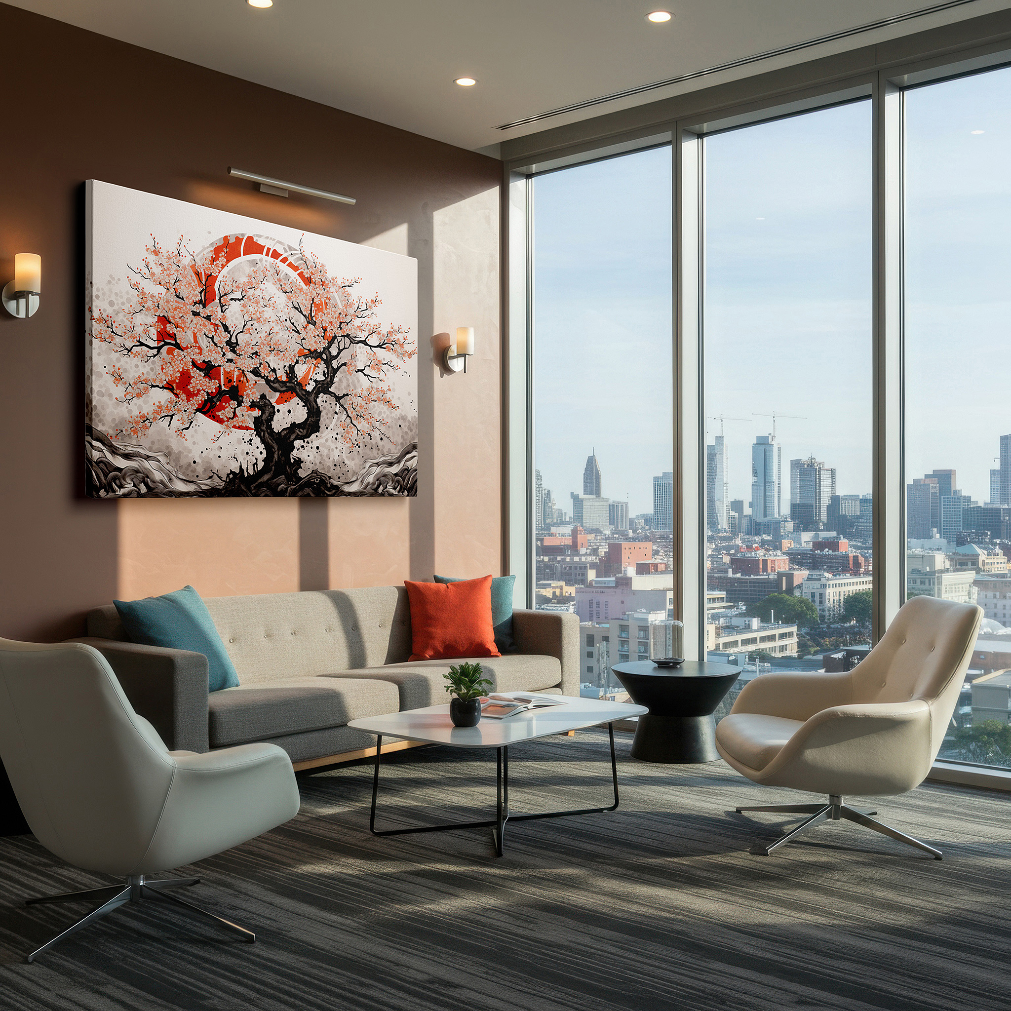 Set in a minimalist interior with textured walls and soft rugs — cherry blossom tree at sunset - capturing nature's ephemeral beauty in large canvas wall art