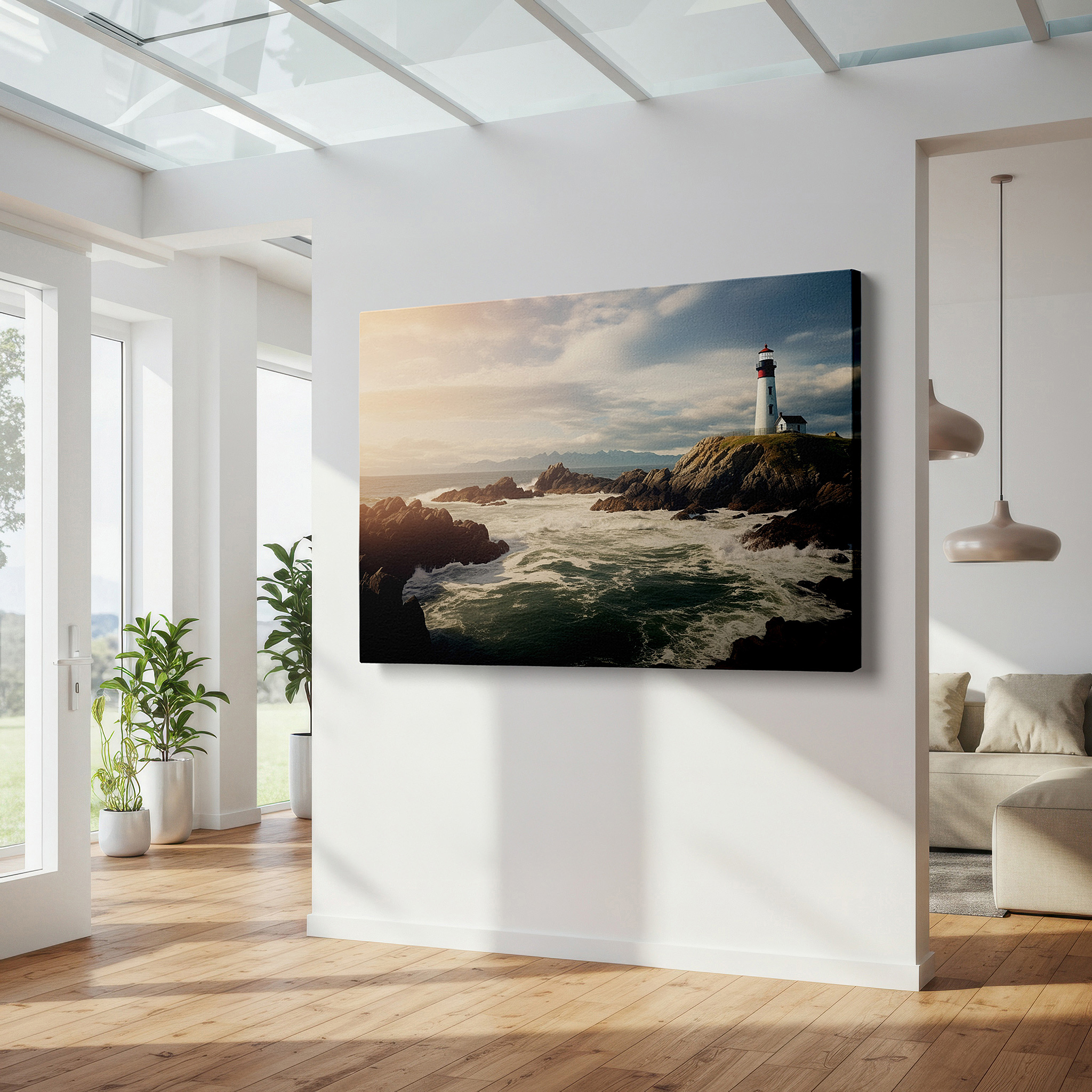 Set in a minimalist interior with textured walls and soft rugs — coastal lighthouse on cliffs at sunset large canvas wall art for office and bedroom decor