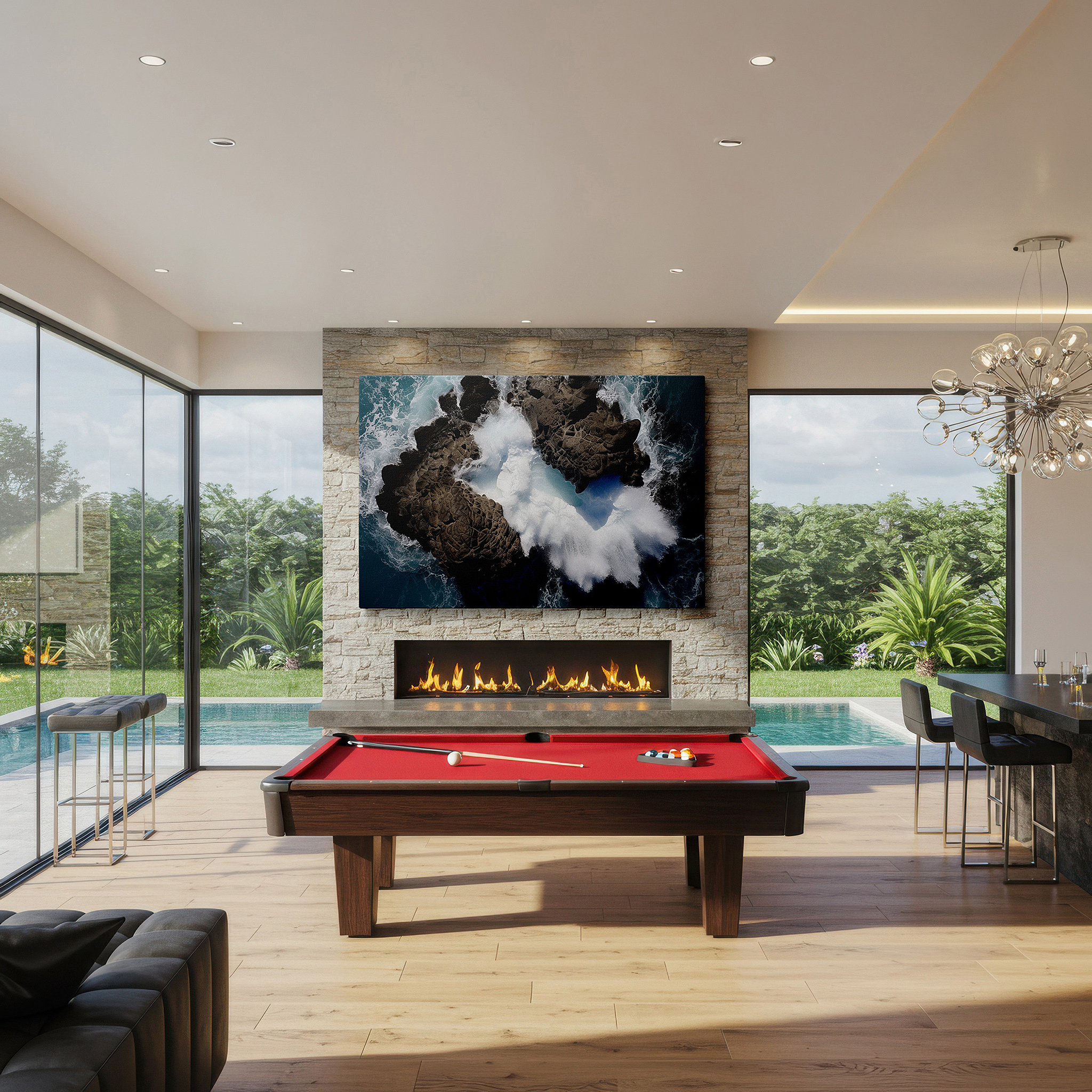 Set in a minimalist interior with textured walls and soft rugs — coastal majesty: dramatic encounter of jagged cliffs and untamed sea waves - large wall art, canvas wall art, wall decor for office and bedroom