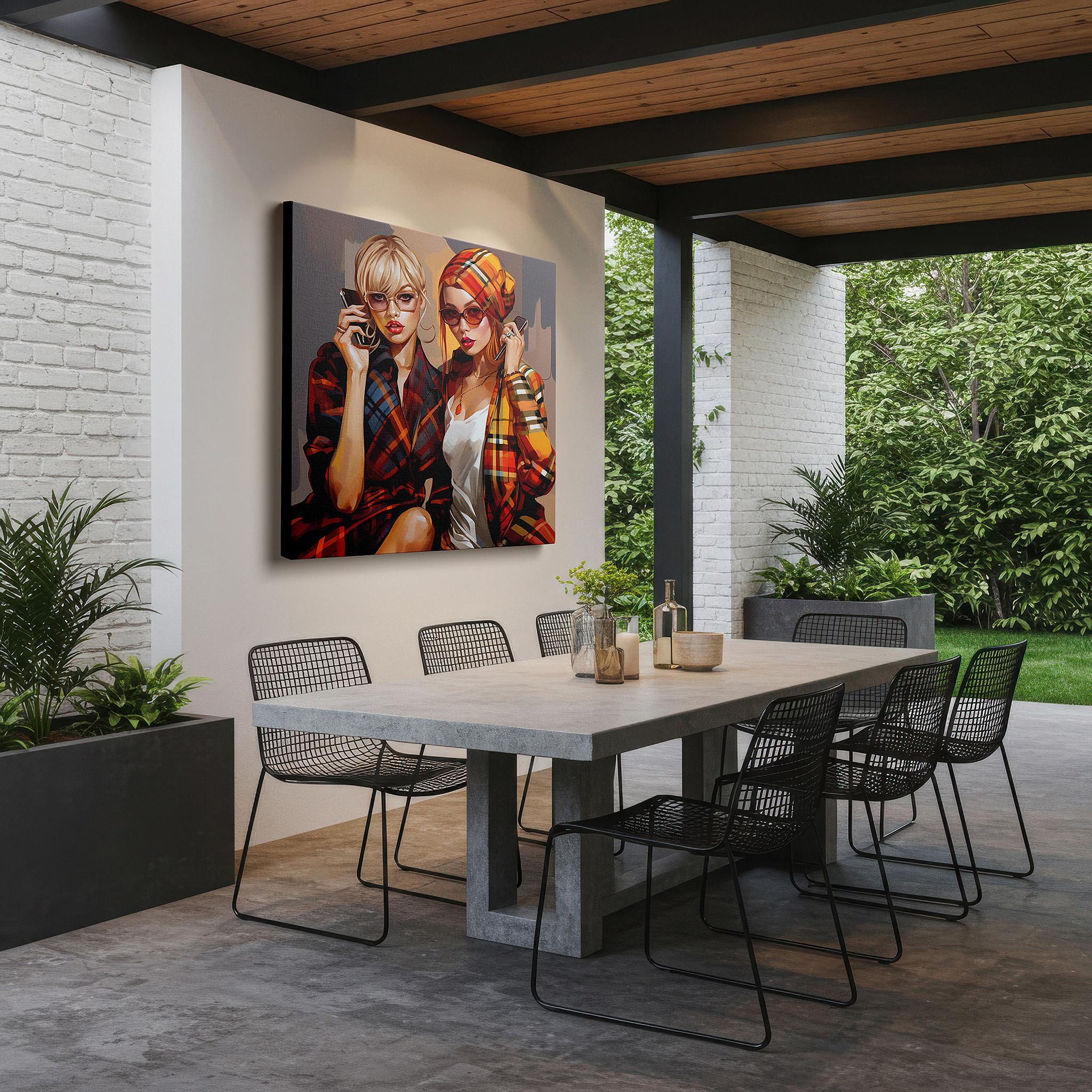 Set in a minimalist interior with textured walls and soft rugs — contemporary style and personal expression in plaid: a dynamic dialogue among fashionable women - large wall art, canvas wall art, wall decor for office
