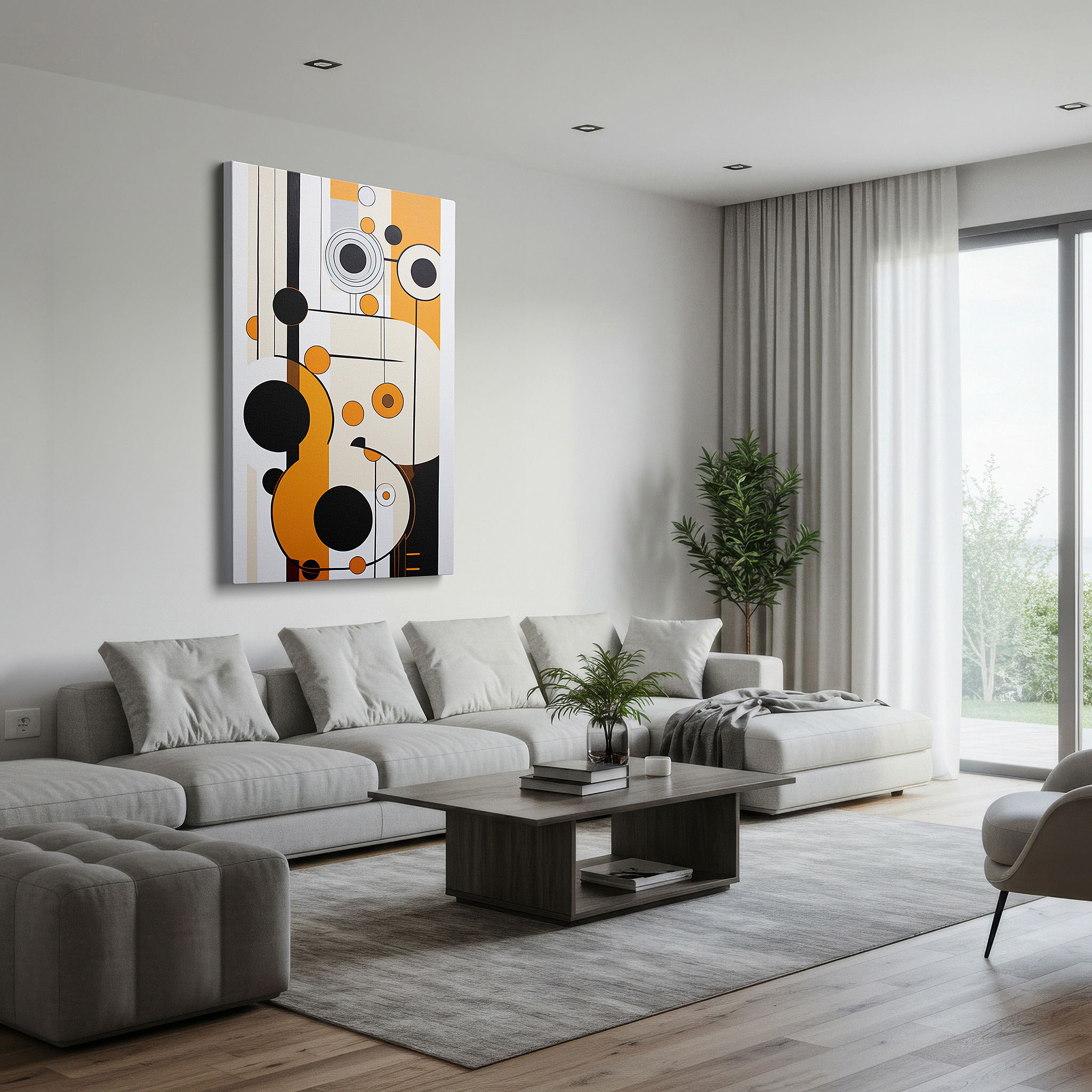 Set in a minimalist interior with textured walls and soft rugs — contemporary wall art in bold orange, black, and white geometric patterns, large canvas for office, bedroom, and living room decor
