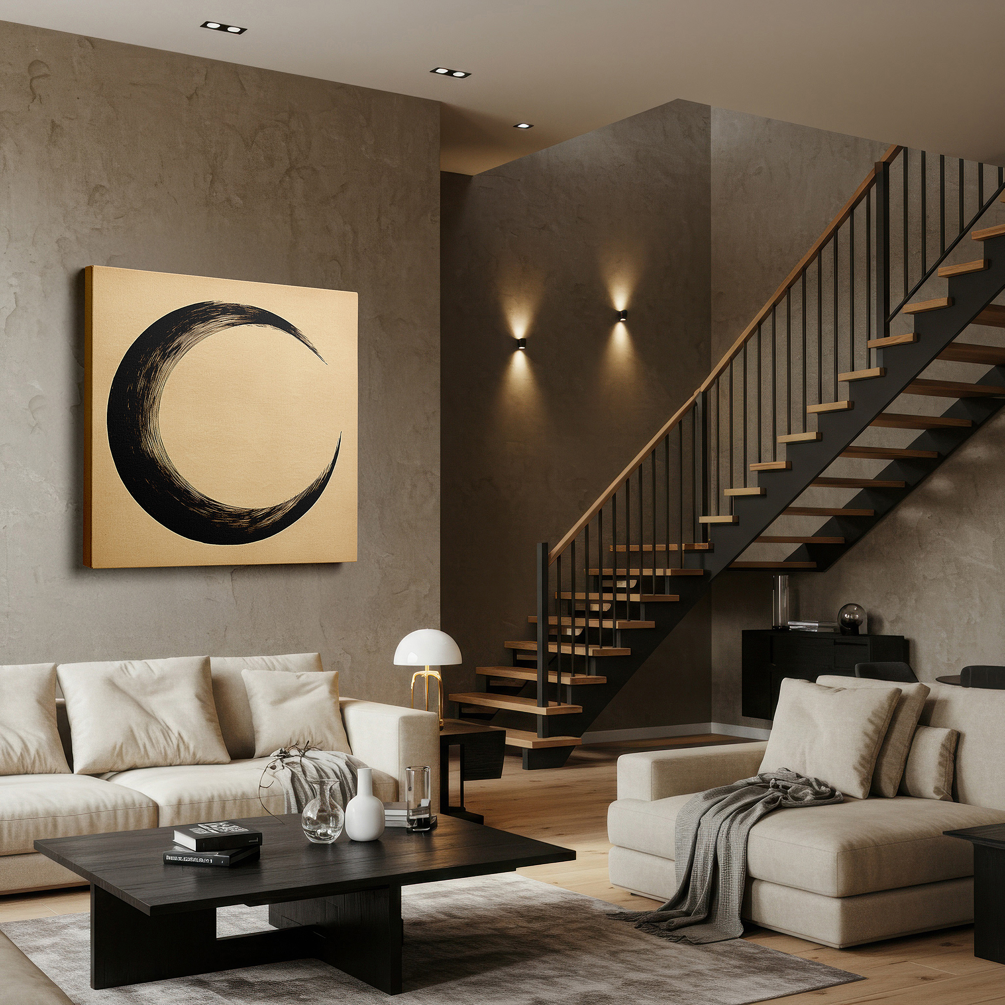 Set in a minimalist interior with textured walls and soft rugs — crescent moon in bold black against twilight hues, tranquil large wall art for contemplation, canvas wall art, office wall decor