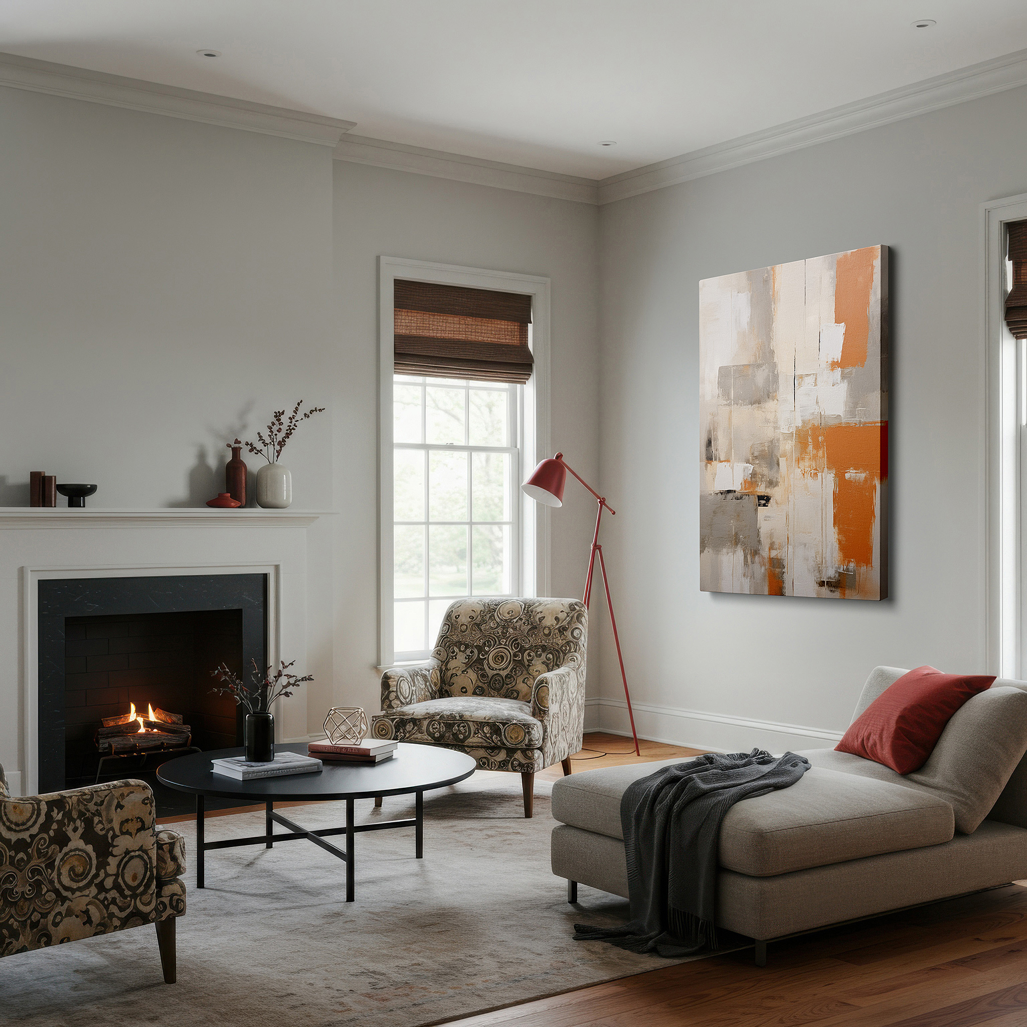 Set in a minimalist interior with textured walls and soft rugs — dynamic abstract art in gray and orange: bold modern statement, large canvas wall decor for offices