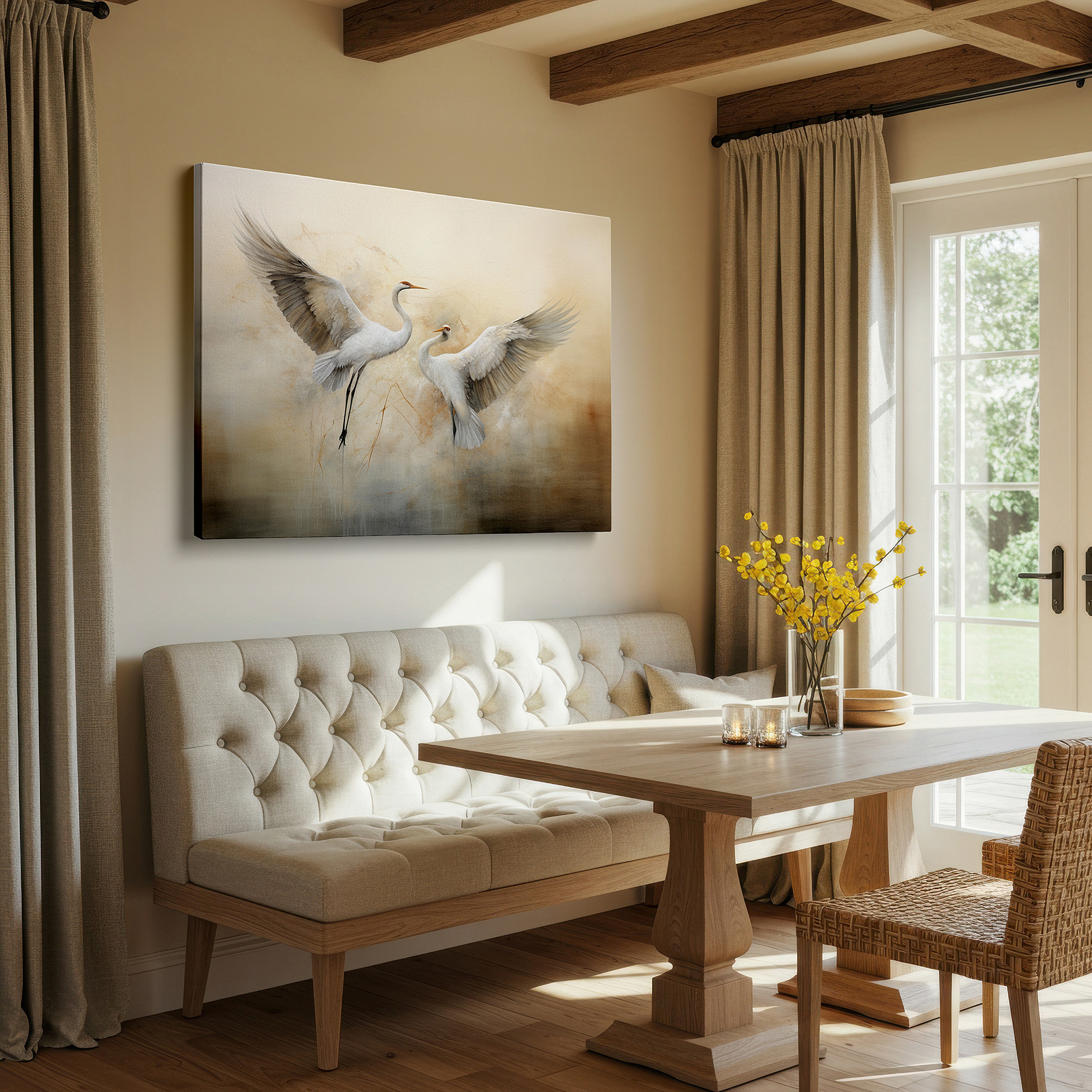 Set in a minimalist interior with textured walls and soft rugs — elegant cranes soaring, a peaceful blend of beauty and calmness - large wall art, canvas wall art, wall decor for office and bedroom