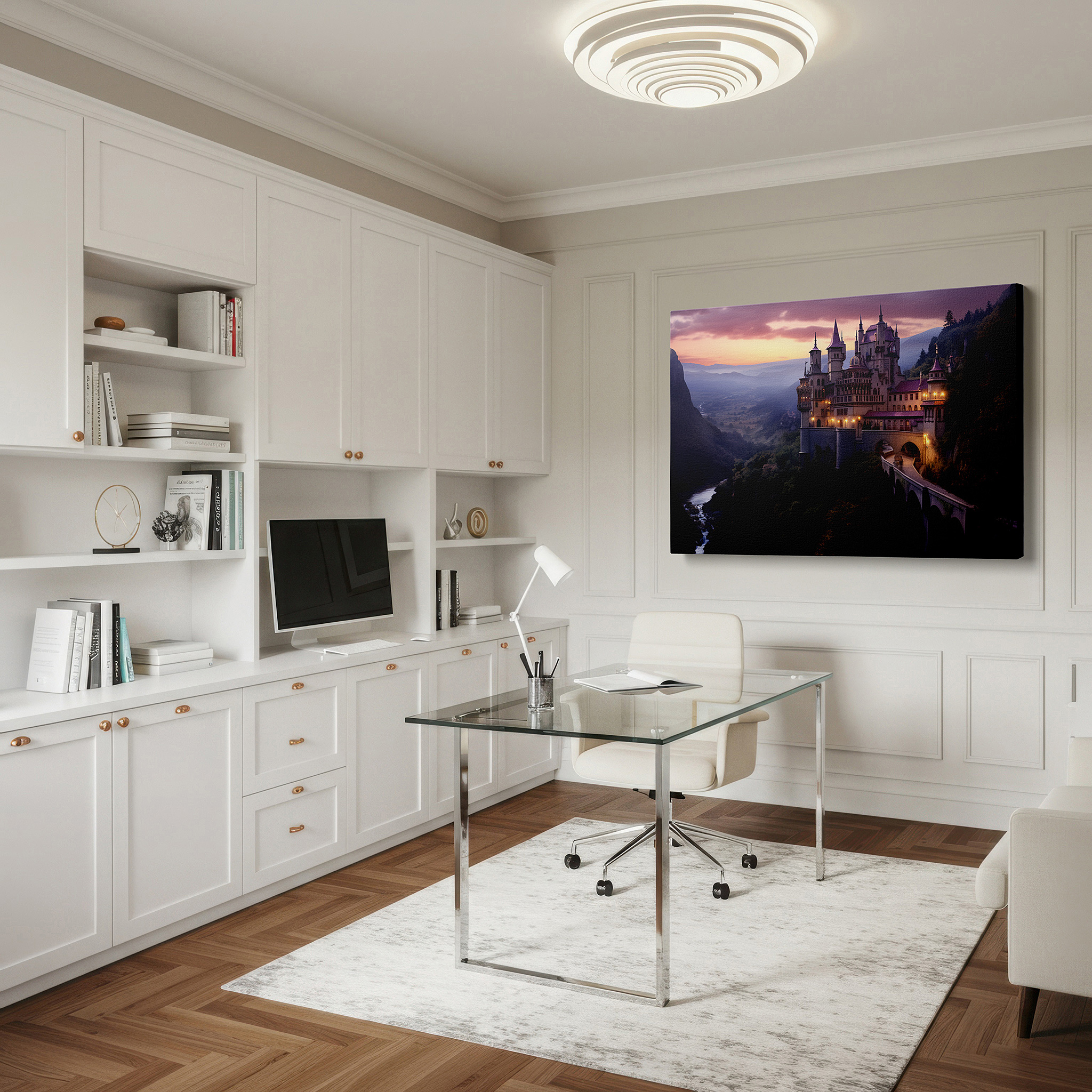Set in a minimalist interior with textured walls and soft rugs — enchanting castle on a cliff with sunset valley view - large wall art, canvas print, office decor