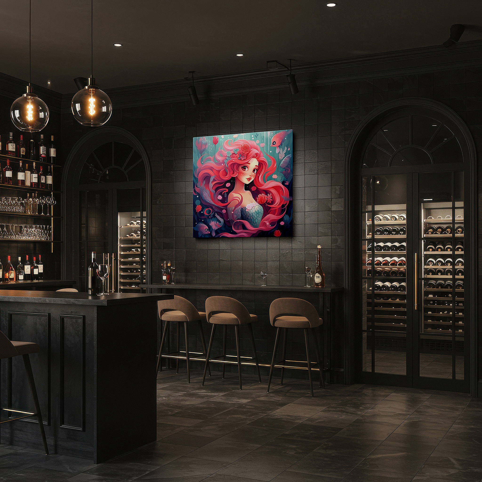 Set in a minimalist interior with textured walls and soft rugs — enchanting mermaid with coral hair large canvas wall art for bedroom and office decor in a magical underwater realm