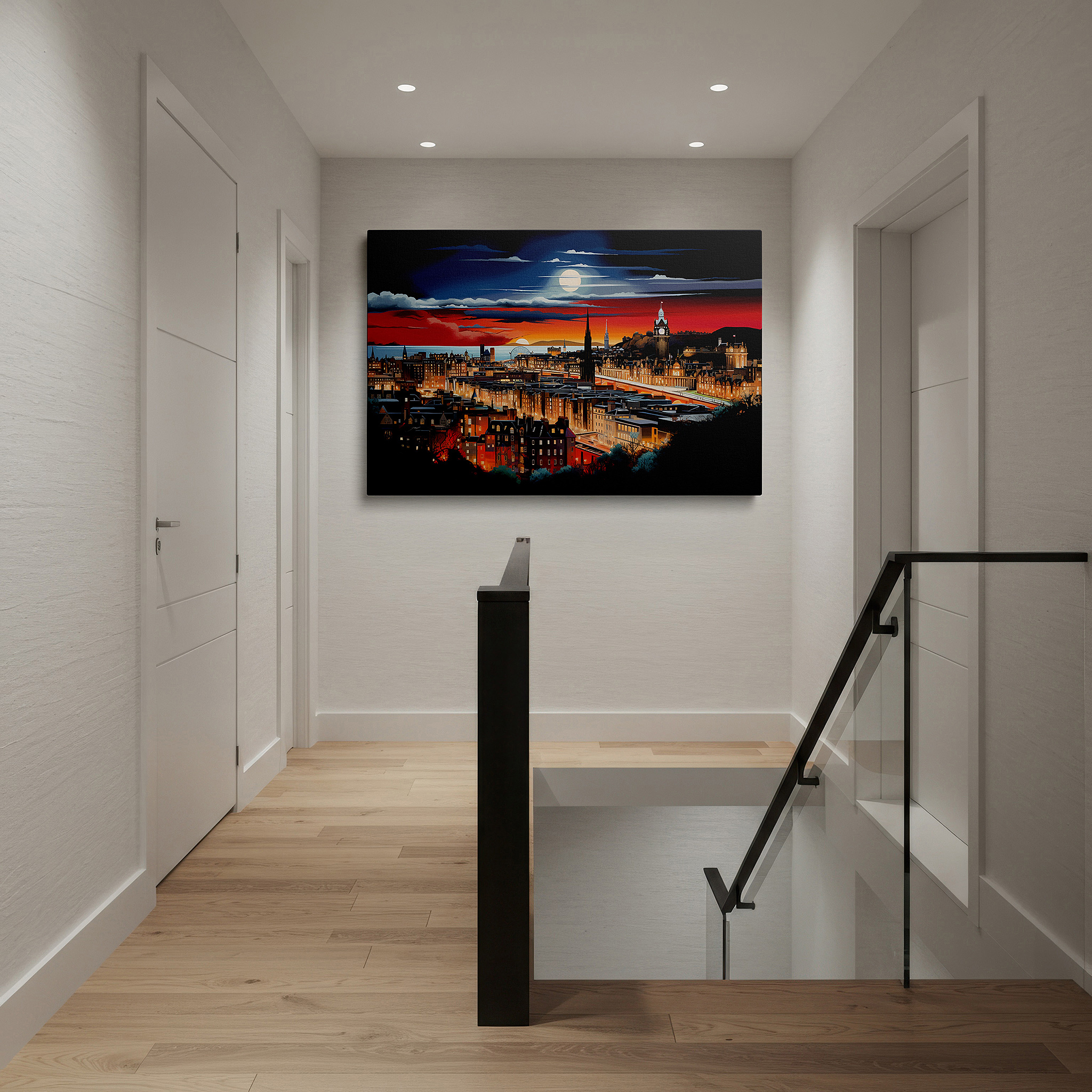 Set in a minimalist interior with textured walls and soft rugs — enchanting sunset above edinburgh's historic skyline wall art, large canvas print, home and office decor, suitable for living rooms, bedrooms, and offices
