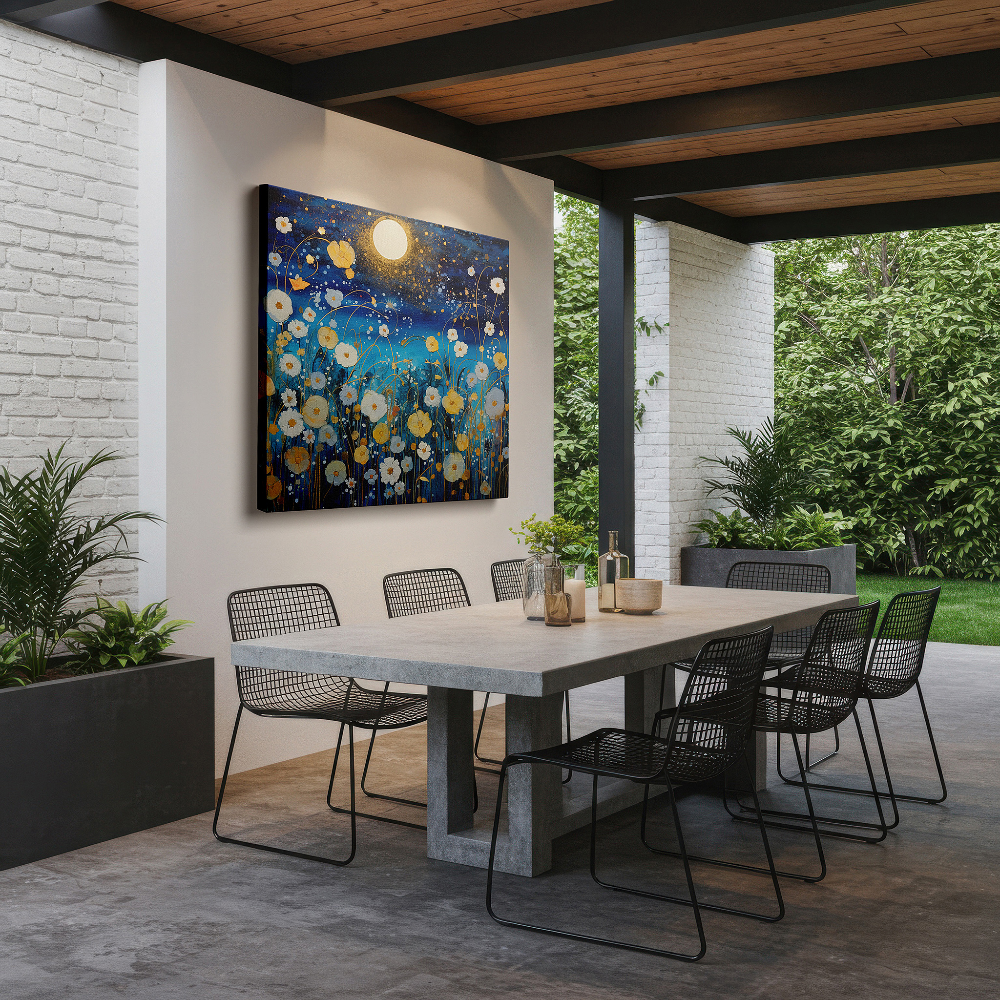 Set in a minimalist interior with textured walls and soft rugs — ethereal blue moonlit garden - tranquil nighttime paradise with glowing flowers and soft gold highlights, large canvas wall art