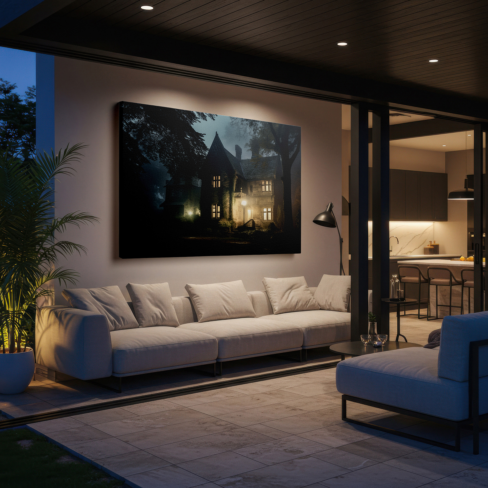 Set in a minimalist interior with textured walls and soft rugs — ethereal mist enshrouding a victorian mansion - mysterious and captivating large wall art, perfect for office, living room, or bedroom decor