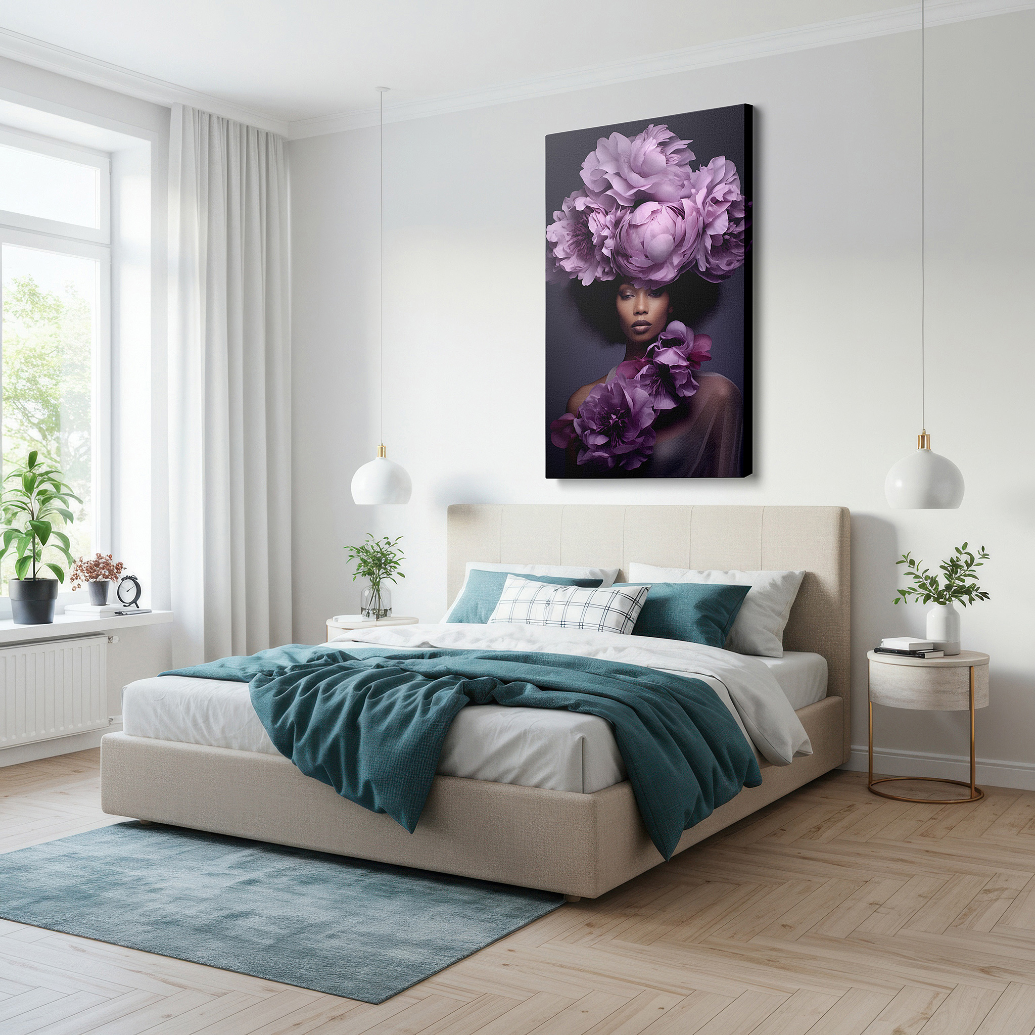 Set in a minimalist interior with textured walls and soft rugs — floral elegance: femininity and empowerment - large canvas wall art for office, bedroom, and living room decor