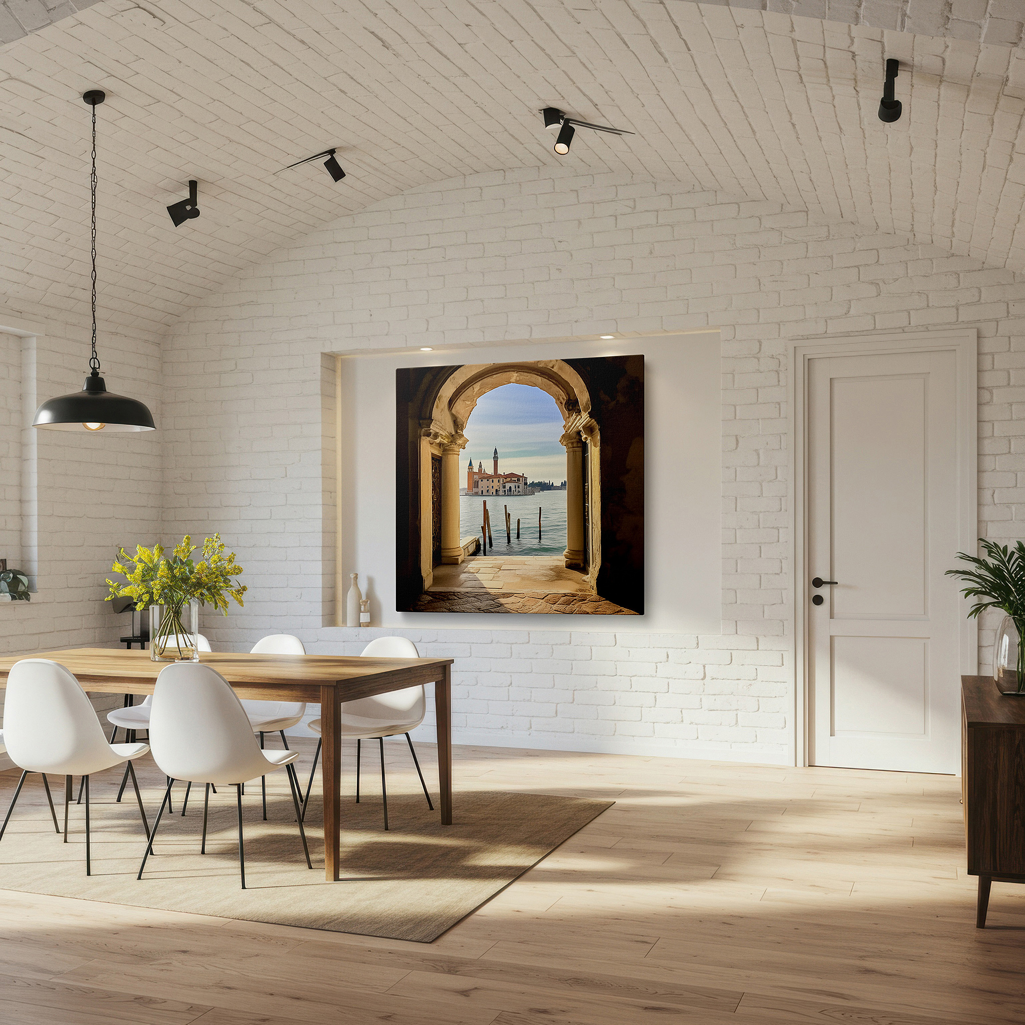 Set in a minimalist interior with textured walls and soft rugs — gateway to time: arched historical architecture and tranquil waters - large canvas wall art for office and bedroom decor