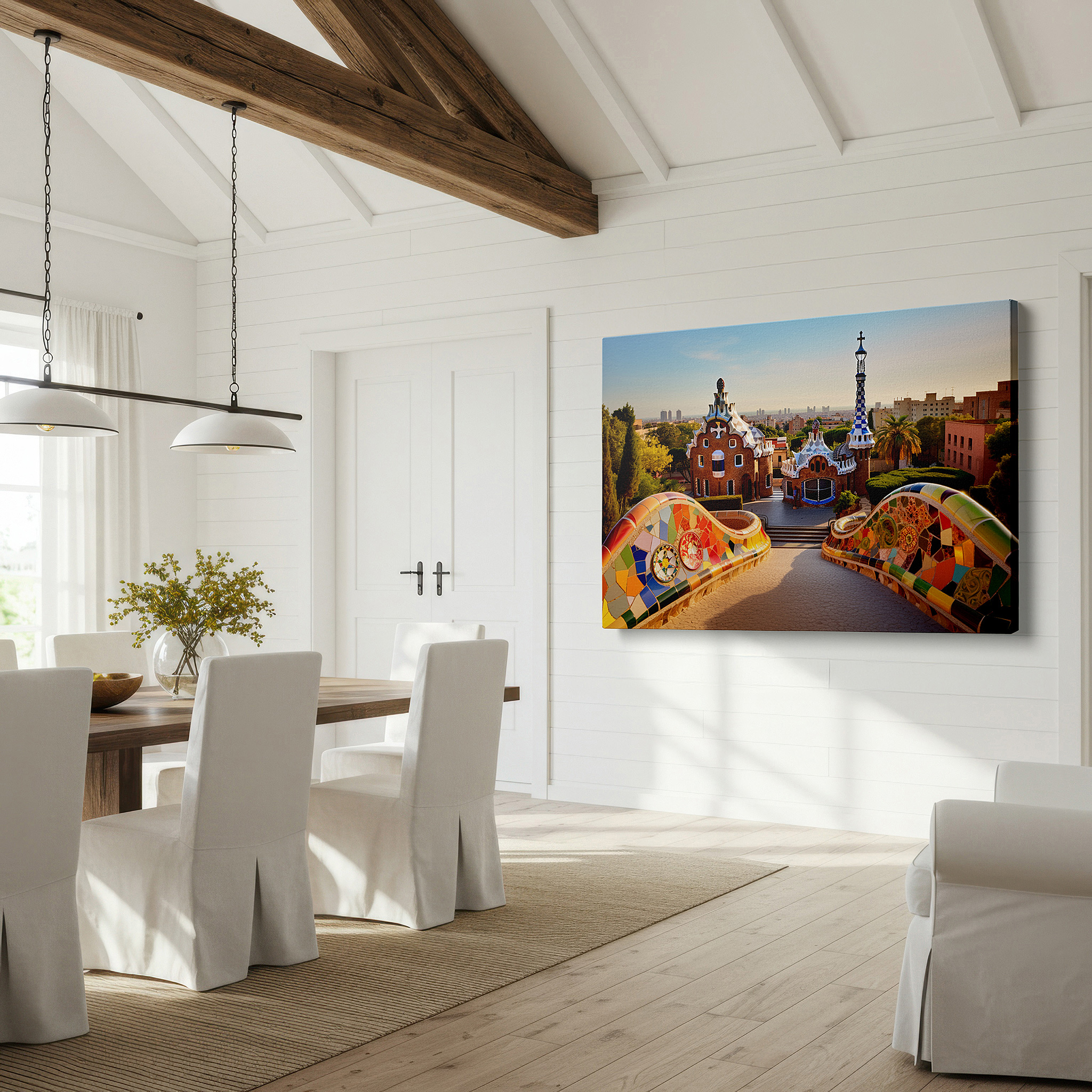 Set in a minimalist interior with textured walls and soft rugs — gaudí's surreal park güell vibrant mosaic large wall art, canvas wall decor for office and bedroom
