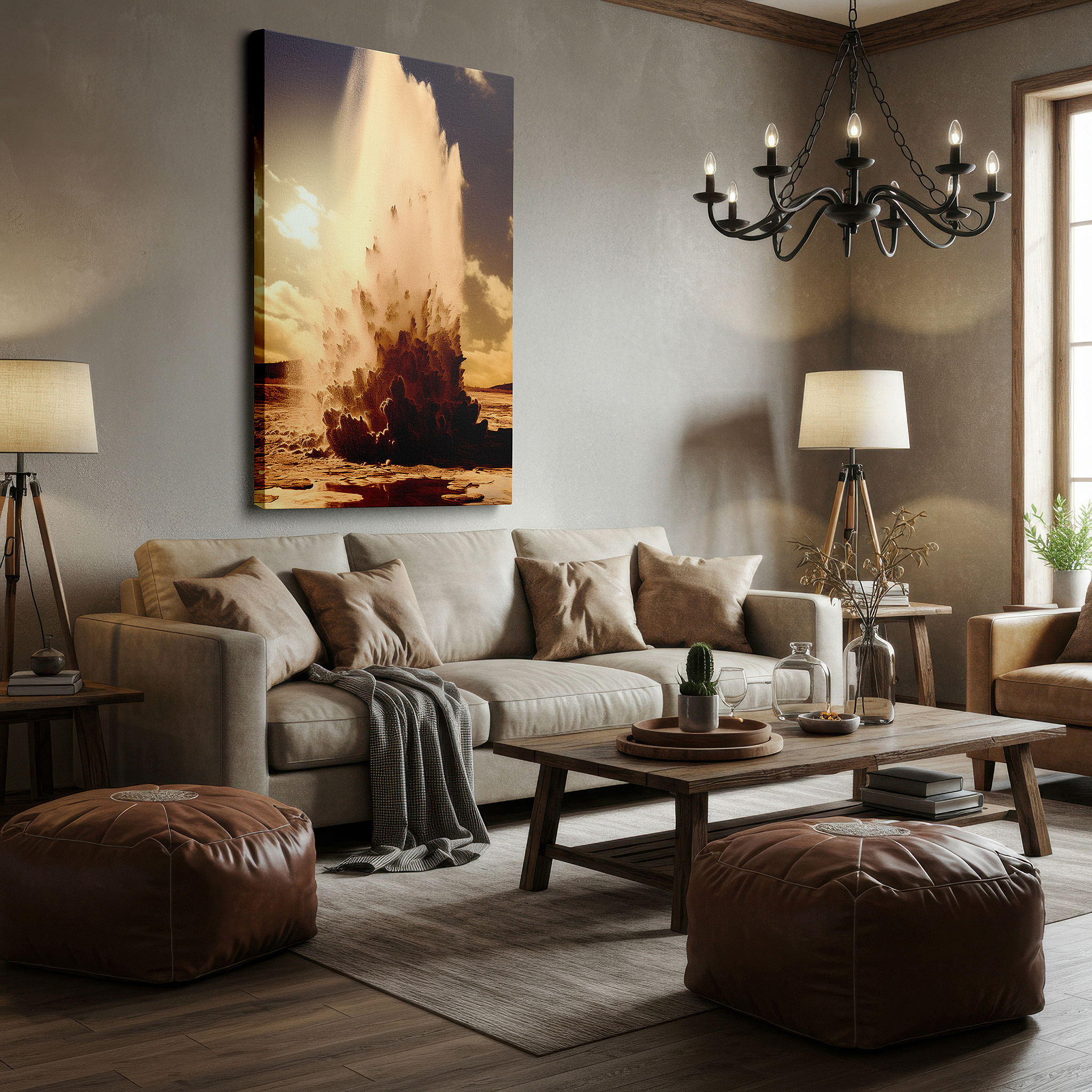 Set in a minimalist interior with textured walls and soft rugs — geyser eruption in wild majesty: a stunning exhibition of nature's force - large canvas wall art for office and bedroom decor