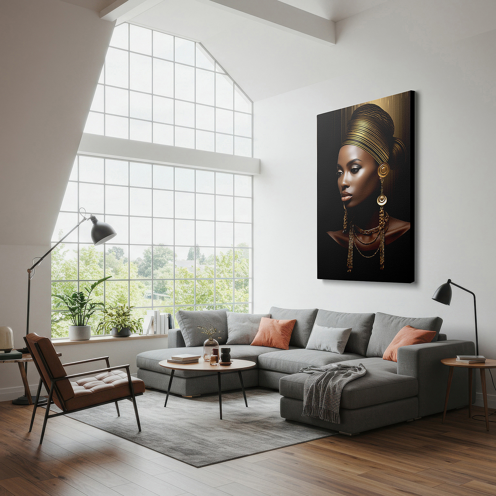 Set in a minimalist interior with textured walls and soft rugs — gold and shadows: timeless elegance, serene confidence, and luxurious contrast - large canvas wall art decor