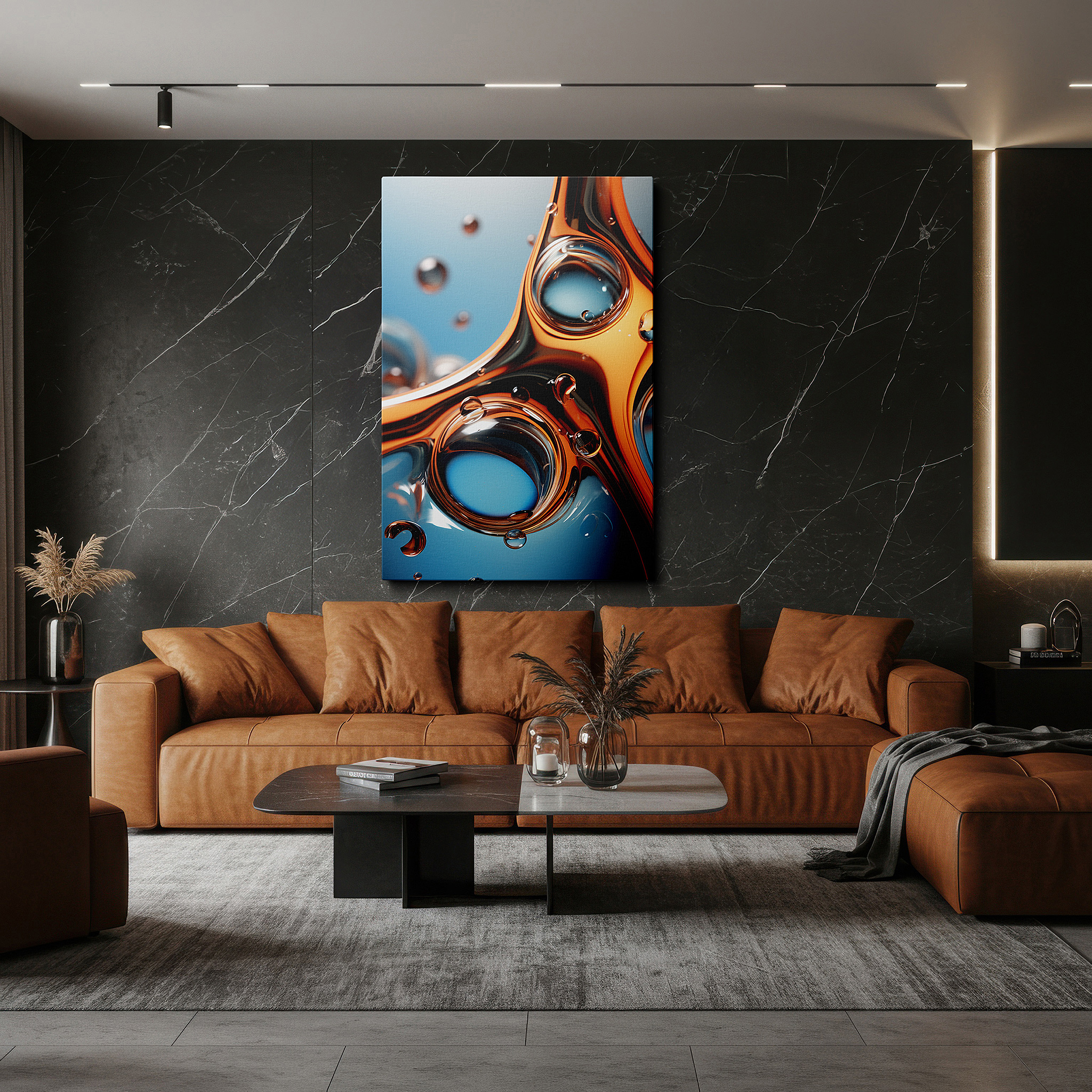 Set in a minimalist interior with textured walls and soft rugs — golden amber liquid and bubbles canvas print, large wall art for office or bedroom decor