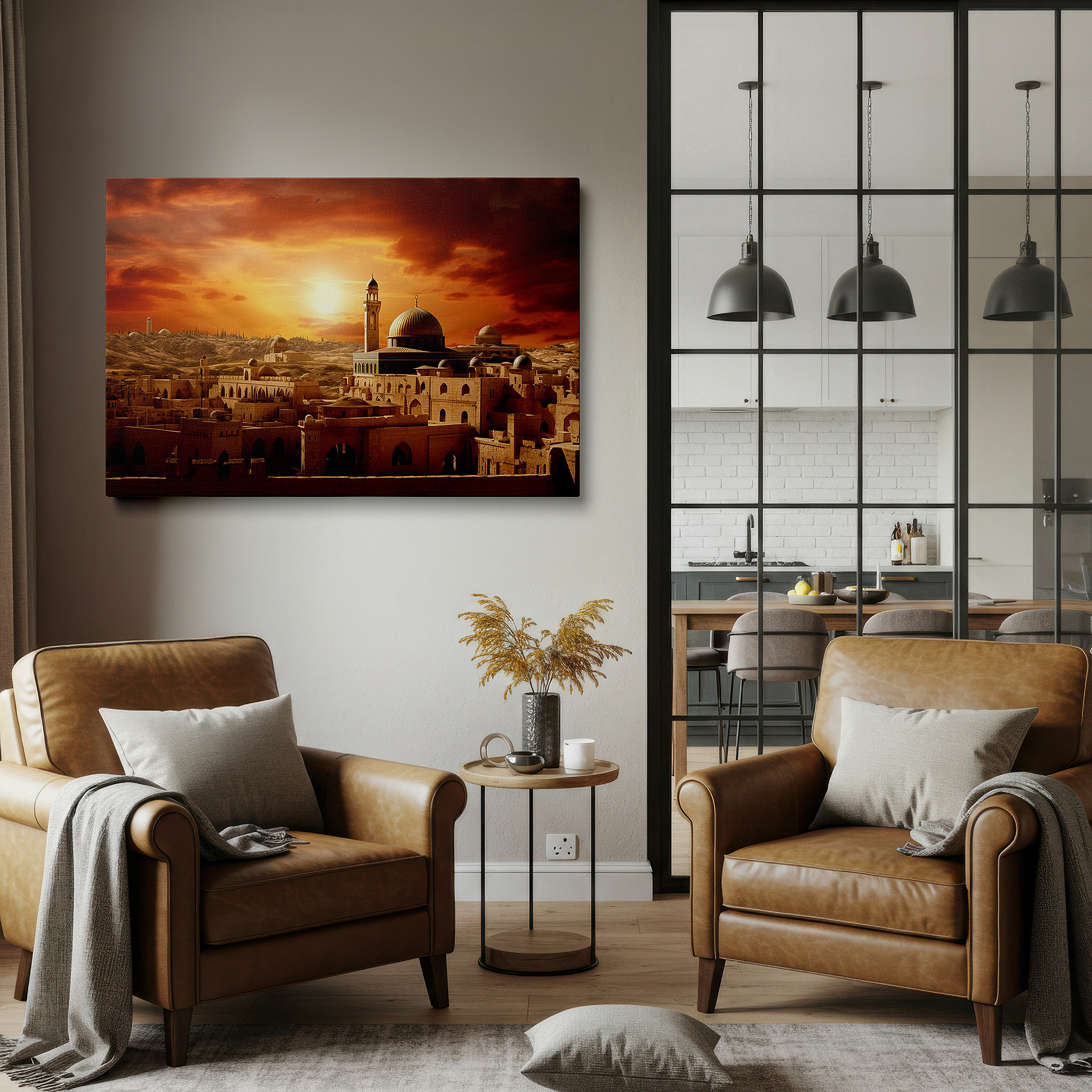 Set in a minimalist interior with textured walls and soft rugs — golden sunset above the dome of the rock: a gleaming emblem of jerusalem's timeless spirit - large wall art, canvas wall art, wall decor, office wall art