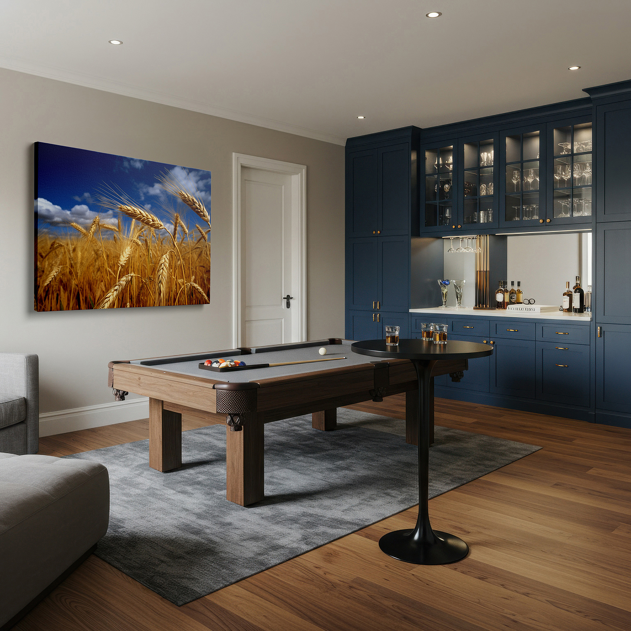 Set in a minimalist interior with textured walls and soft rugs — golden wheat field beneath a bright blue sky - emblematic of growth and peaceful countryside living, large wall art, canvas wall art, wall decor, office wall art