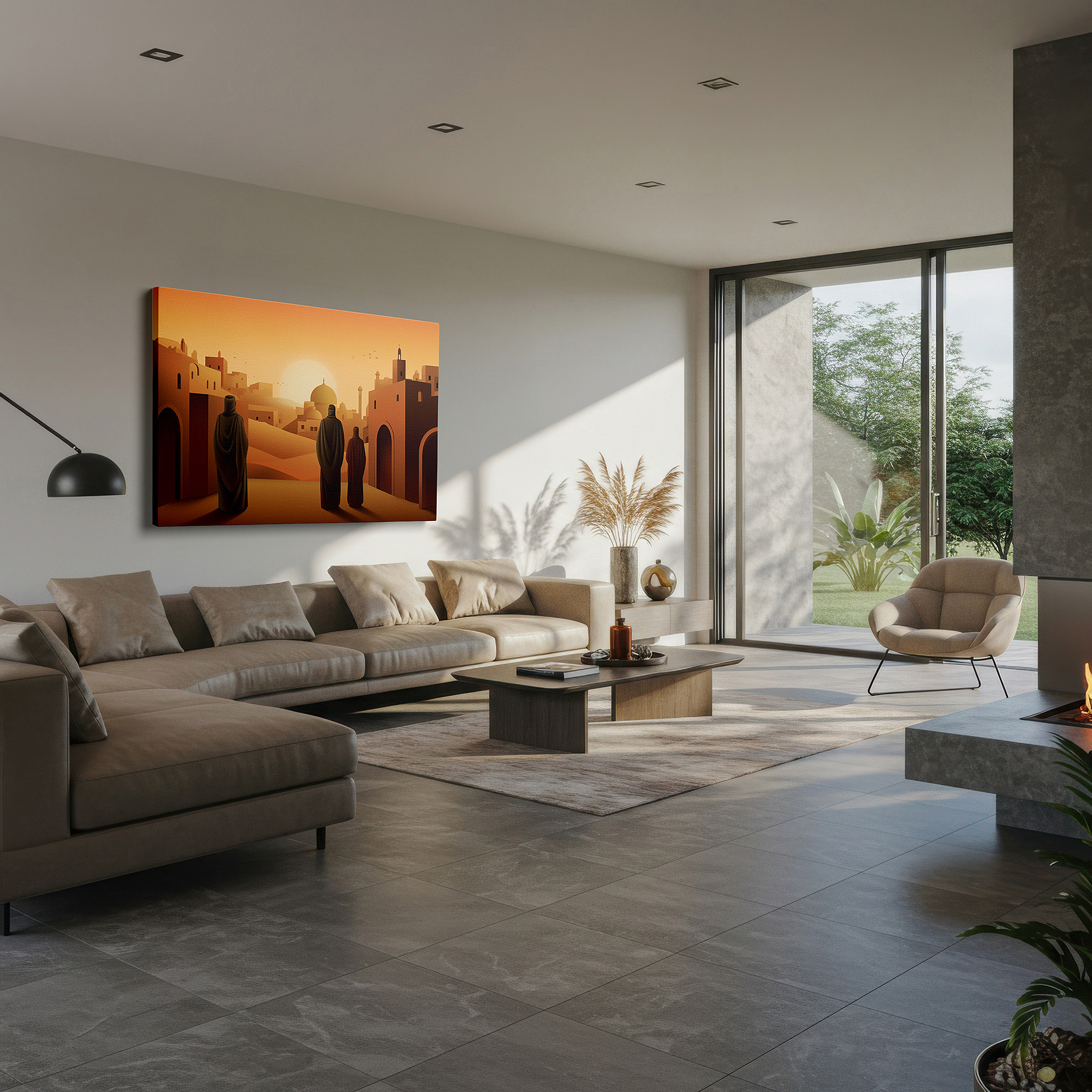 Set in a minimalist interior with textured walls and soft rugs — graceful deer in tranquil mountains: celebrating the elegance and strength of wildlife - large canvas wall art for home and office decor