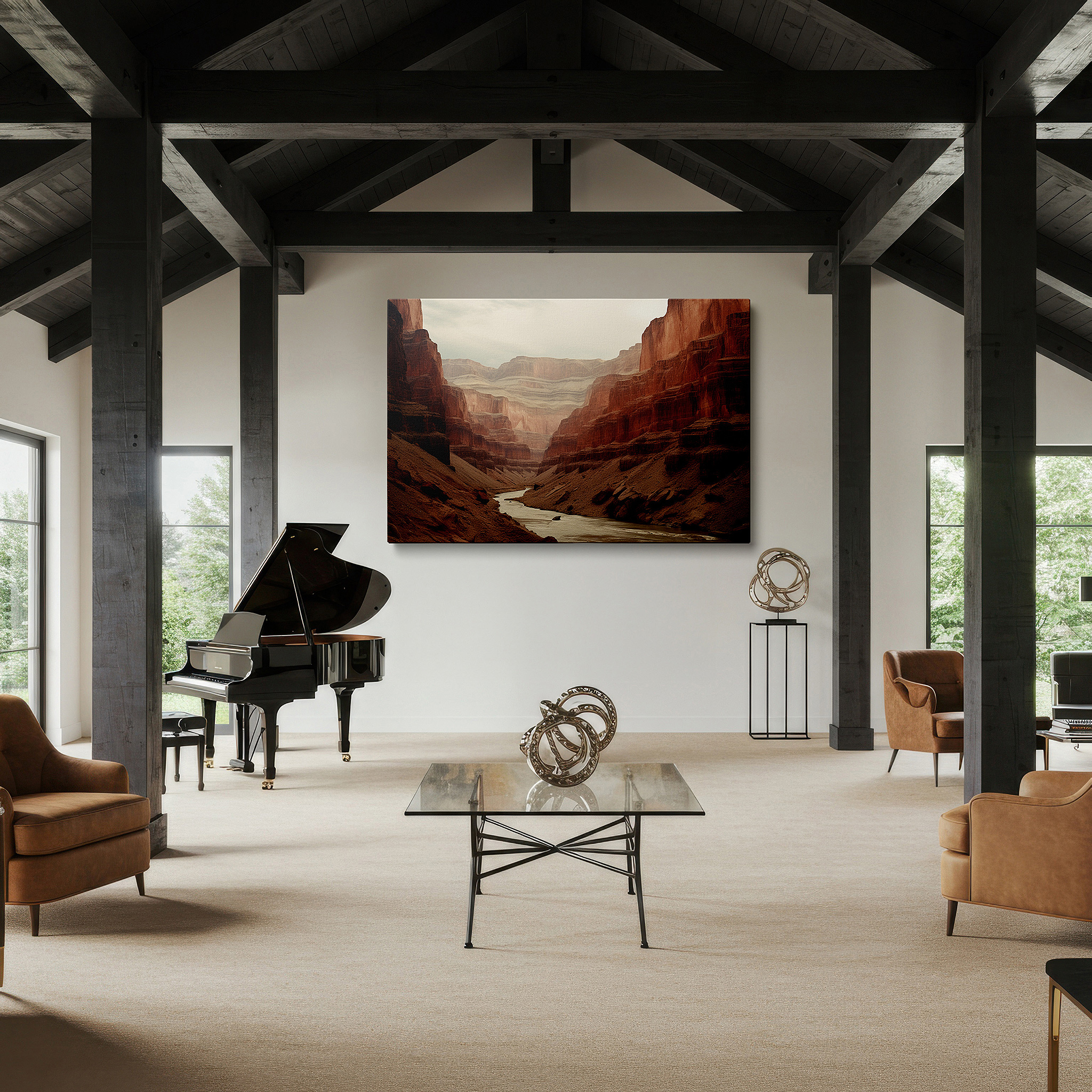 Set in a minimalist interior with textured walls and soft rugs — grand canyon splendor - soaring cliffs and serene river highlight the eternal beauty of nature large wall art, canvas wall art, wall decor, office wall art