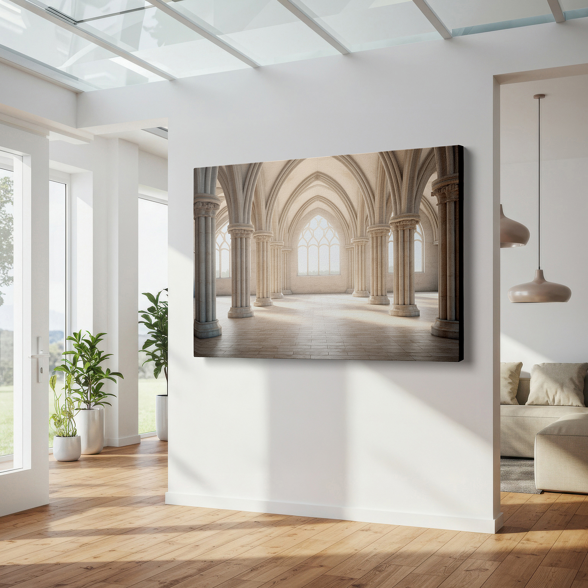 Set in a minimalist interior with textured walls and soft rugs — grand gothic interior canvas featuring towering arches and detailed pillars, ideal for office and bedroom wall decor